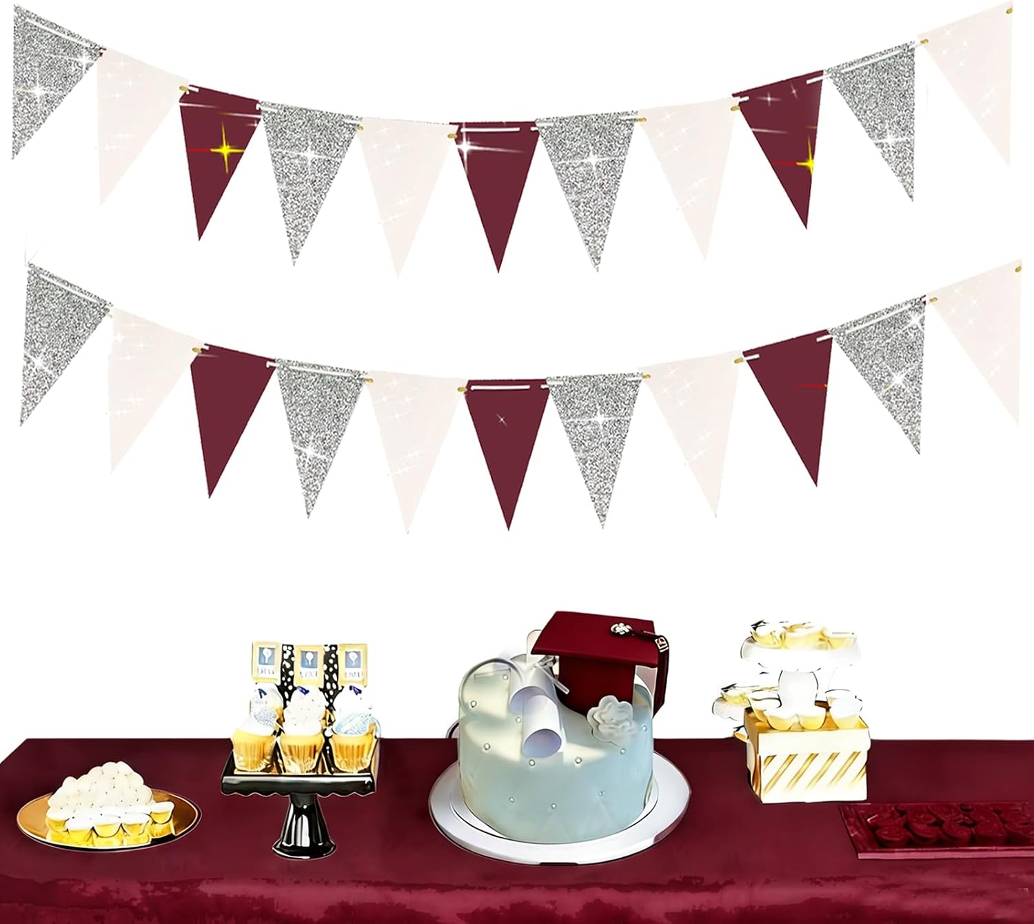 Graduation Decorations Maroon/Maroon White Graduation Party Decorations 2026/Burgundy Triangle Bunting Banner Maroon White Silver Backdrop Tassel Garland Burgundy Birthday