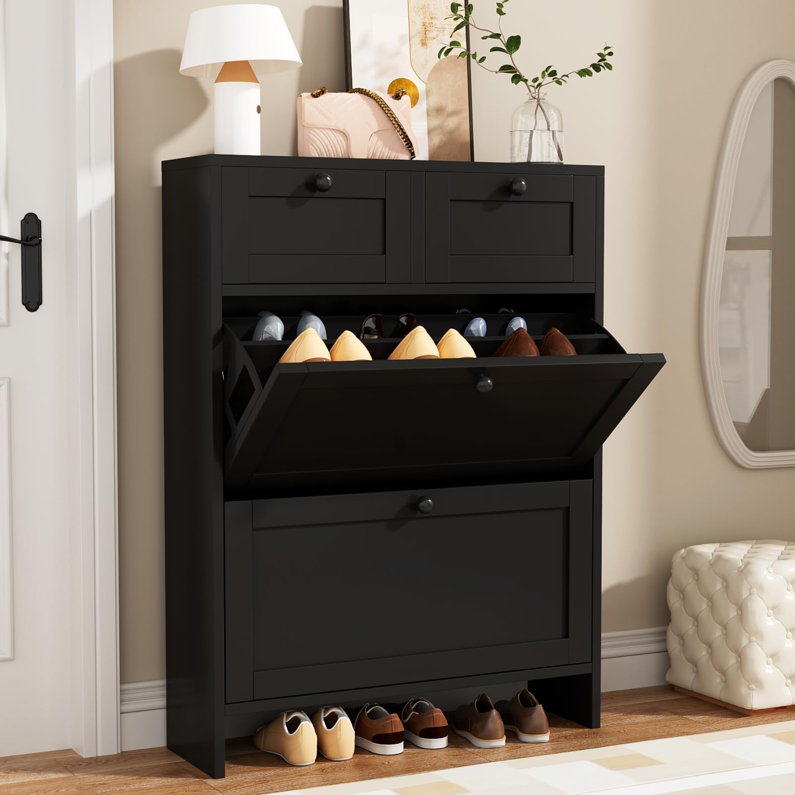 VOWNER Shoe Storage Cabinet with 2 Flip Drawers & 2 Pull-Out Drawers, Narrow Freestanding Hallway Organizer with Open Bottom Shelf, Space Saving Cupboard for Entryway, Living Room (Black) (Black)