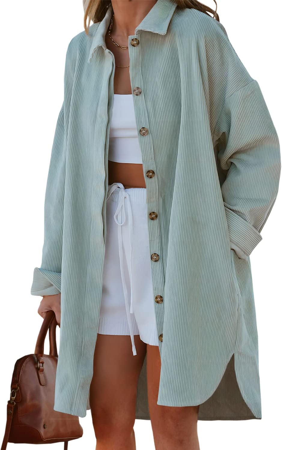 FSHAOES Womens Lapel Collar Long Corduroy Shirts Casual Button Down Side Slit Oversized Shacket Coat