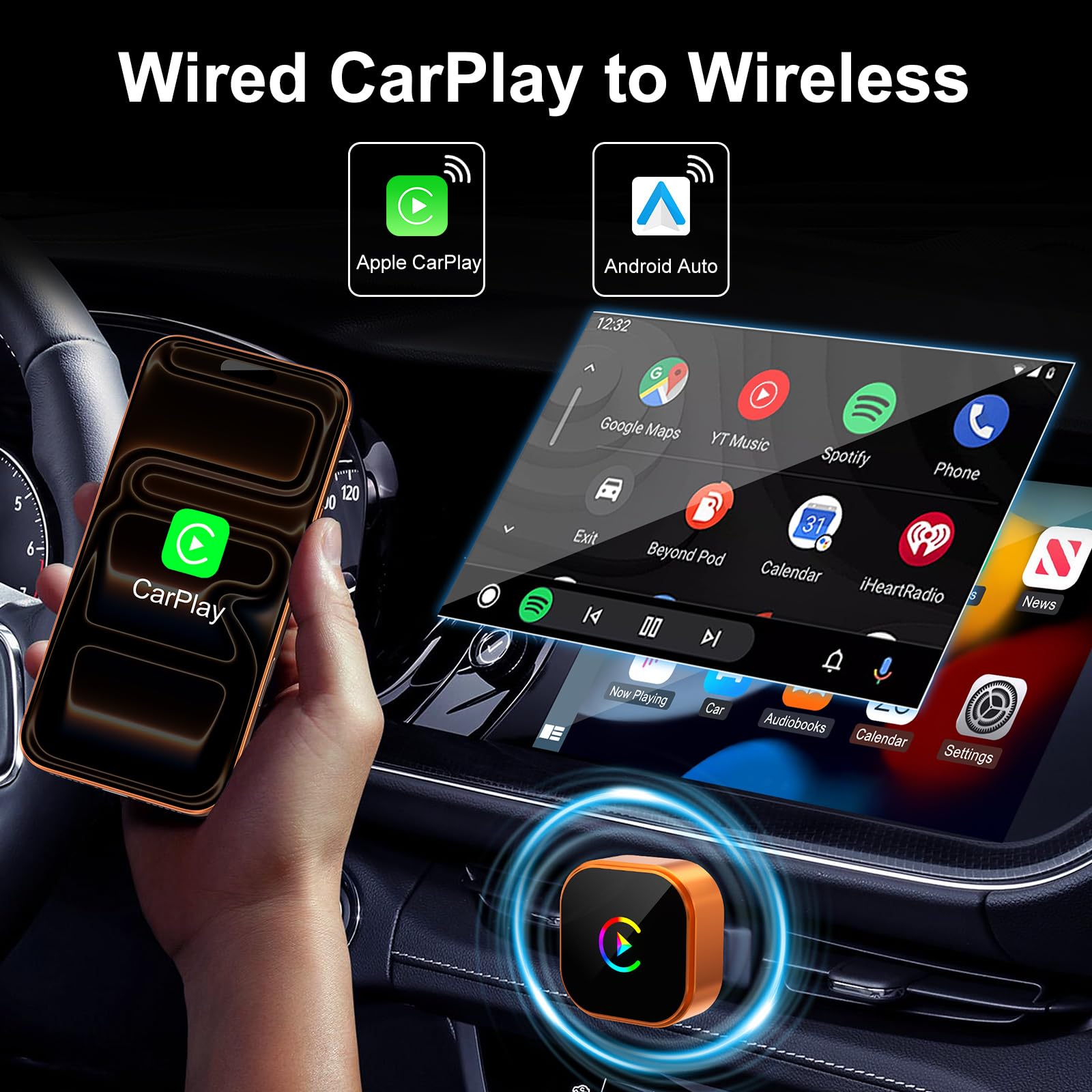 Intenso Wireless CarPlay Adapter for iPhone & Android Auto - 2026 UpgradeWired to Wireless Converter, Plug & Play, Zero Delay, Fast Auto-Reconnect, Stable Control, iOS 10+/Android 11+ — view 2