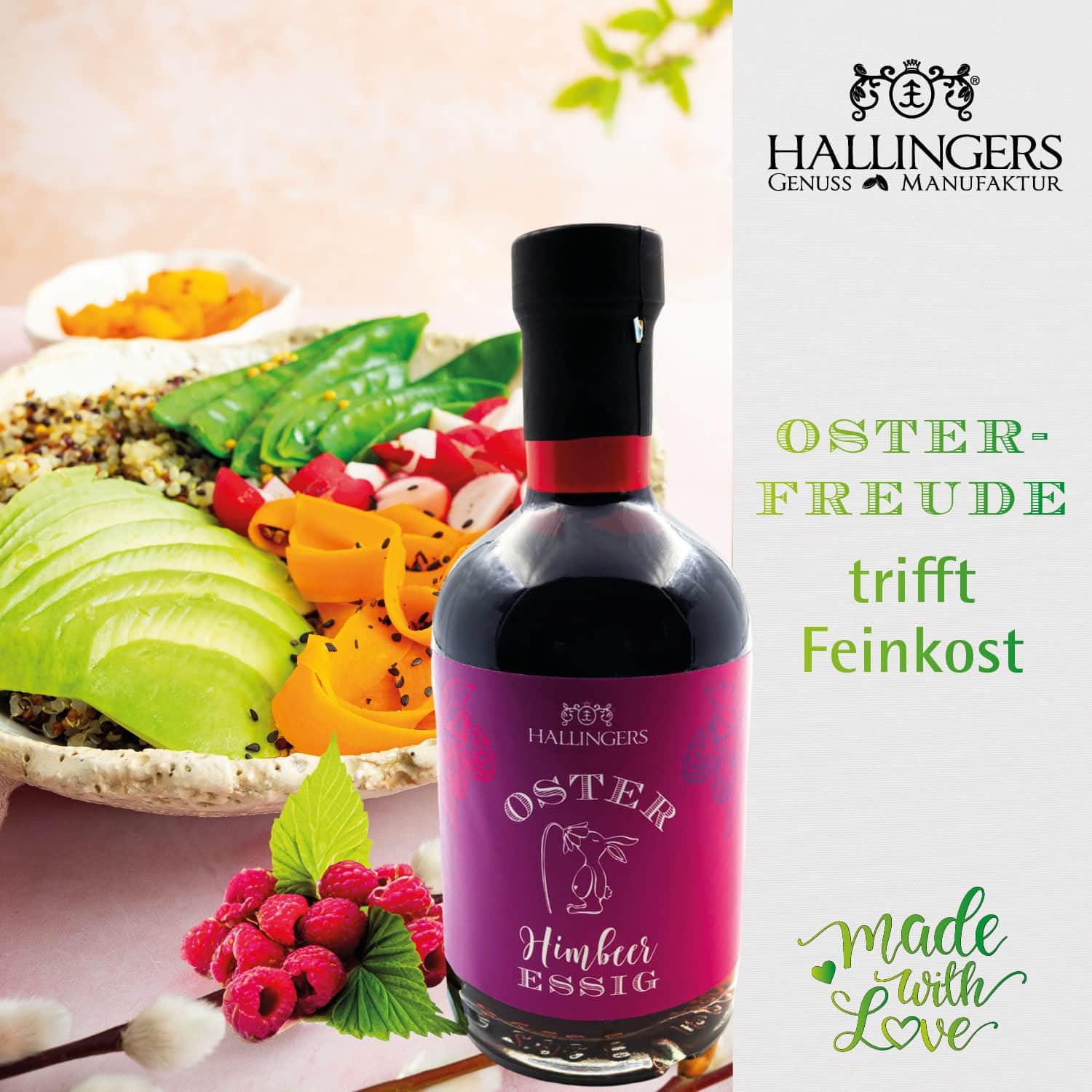 Hallingers Genuss Manufaktur Feinkost Oster-Geschenk-Set - XXL-Geschenkkorb "Gruß vom Osterh..." großer Ostergruß Ostereier, Essig, Nougat, Eistee Konfitüre & viel mehr, Ostern Körbchen für Frauen