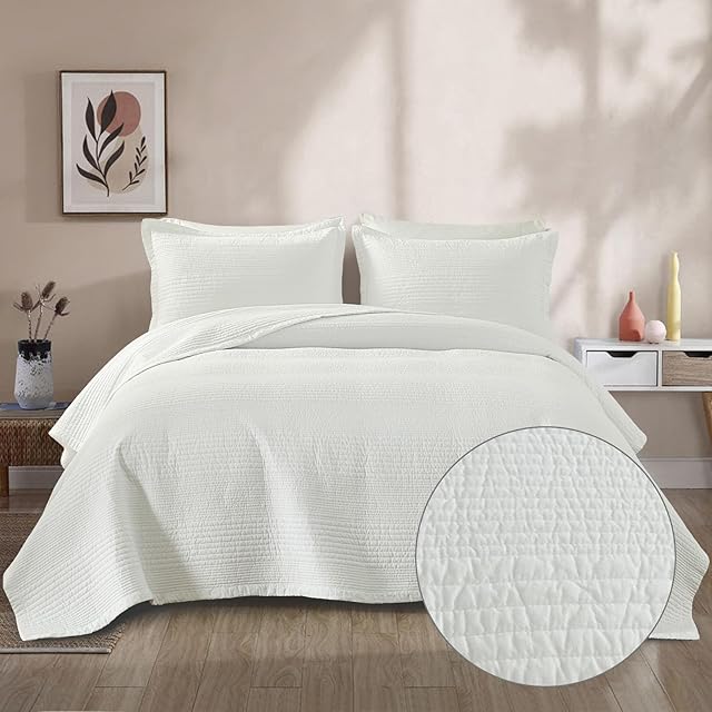 100% Cotton Quilt King Size, Solid White Color King Quilt Bedding Set Bedspread with Classic Striped Patterns, Soft Lightweight Breathable Comforter Set for King Bed, 3pcs, White