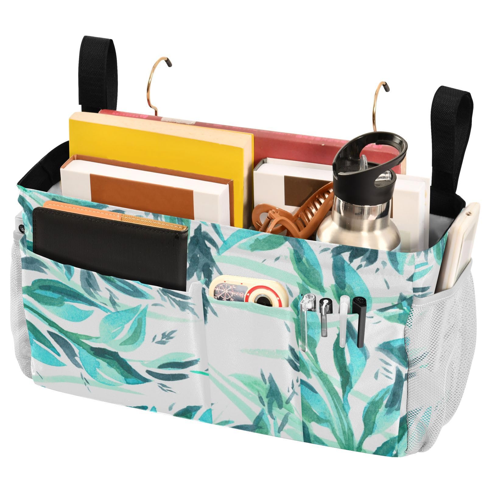 FRODOTGV Bedside Storage Caddy For Dorm Floral Pattern Watercolor Drawing Green Leaves Dorm Bed Bag for Home, College, Dorm, Bunk/Hospital Bed, Crib Bed Rails
