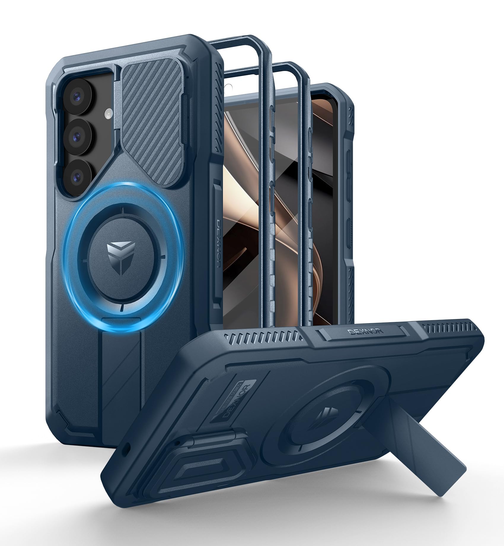 Dexnor Magnetiche Cover per Samsung Galaxy S25 con Copertura Della Fotocamera & Cavalletto Regolabile & Protezione Dello Schermo Incorporata, Custodie Antiurto Resistenti Case - Blu Marino