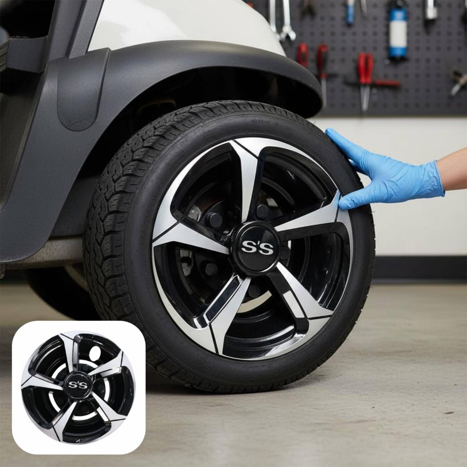 4 Pezzi Coprimozzo Universale 8 Pollici Resistente Set 4 Coprimozzi Plastica PP Hubcap Nero e Argento per Veicolo da Golf