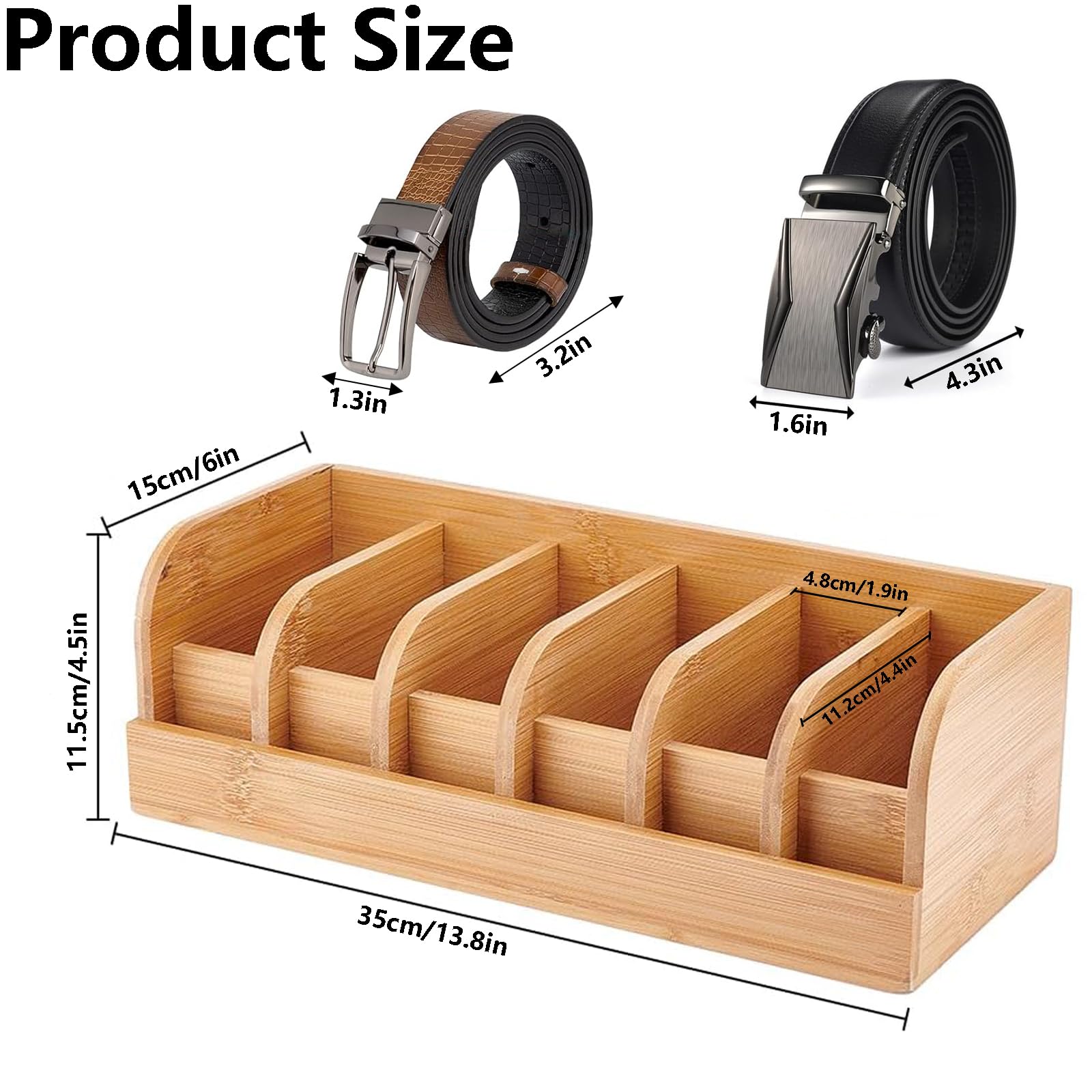 Organizer Cassetti per Cinture, 6 Scomparti Espositore per Cintura Portacinture-Porta Cintura in Bambù per Armadio e Cassetto, Organizer per Cinture da Uomo e da Donna