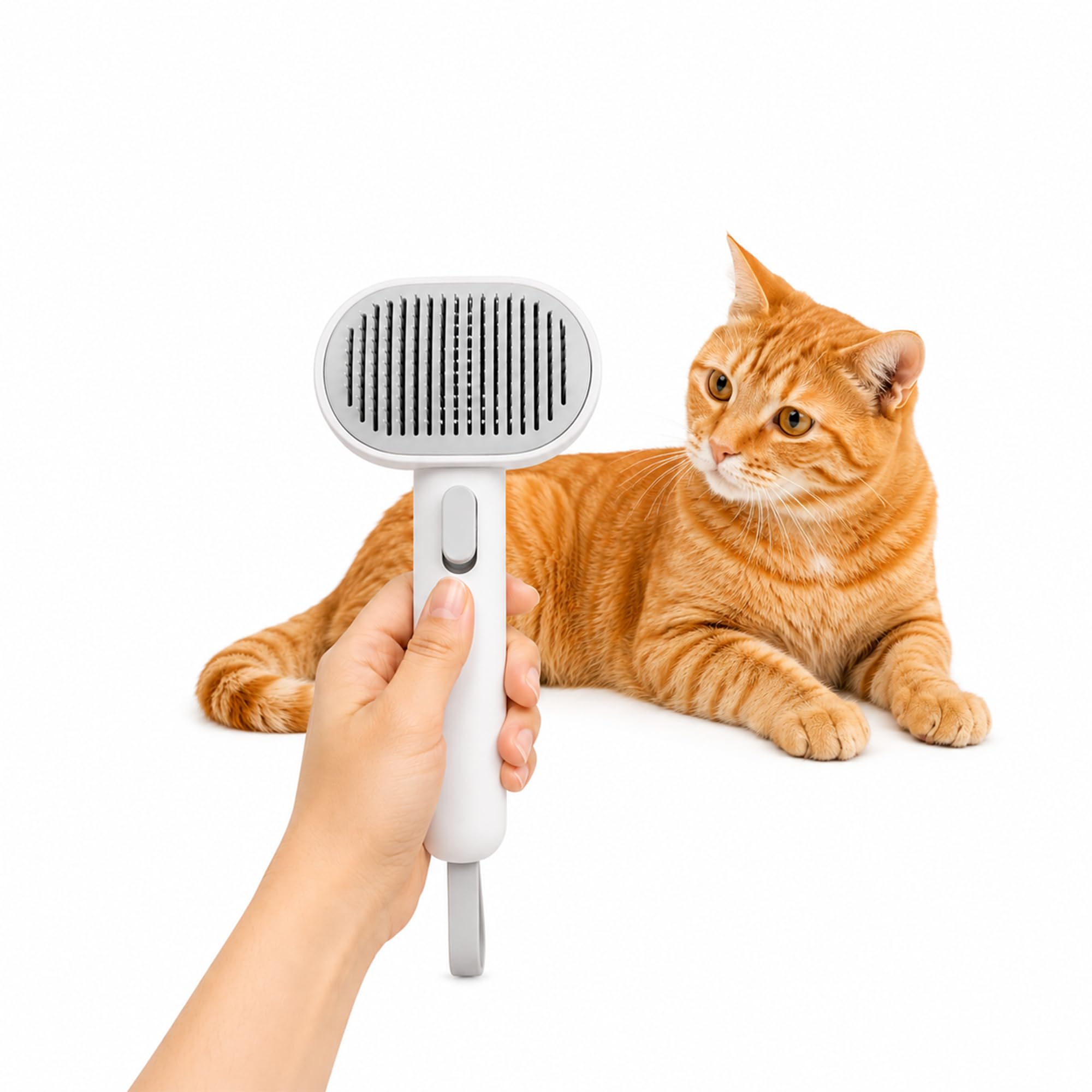 PAWSWARE Cat Brush for Shedding, Self Cleaning Slicker Stainless Steel Grooming Tool with One Click Hair Release, Gentle Deshedding and Massage for Long & Short Hair Cats, Dogs and Rabbits, Light Gray