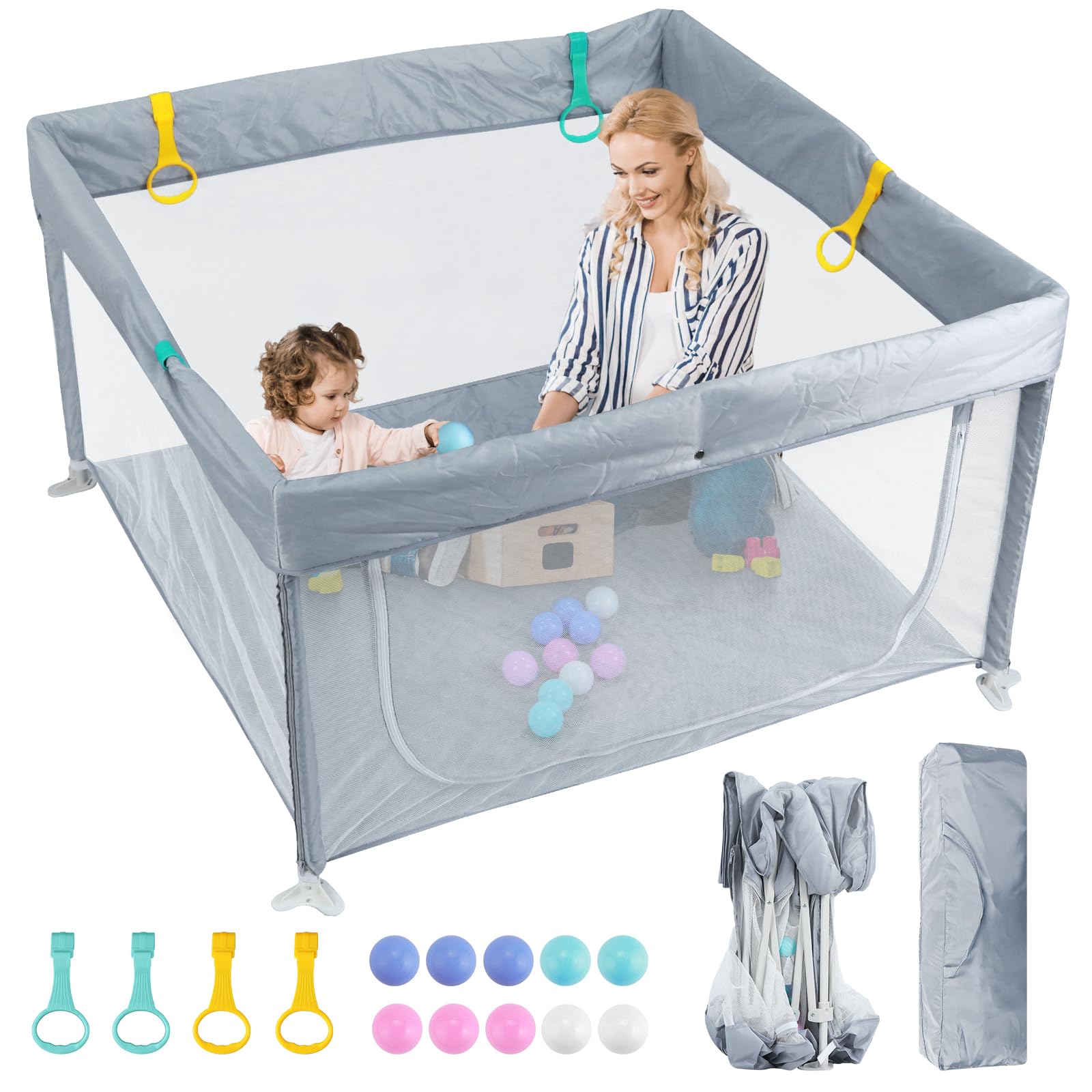 eSynic Parc Bébé 120x120cm avec 10 Boules et 4 Poignées Parc Bebe Pliable pas de Montage Enceinte Modulaire Pliable Porte avec Fermeture Éclair Éxtérieure avec Sac de Voyage Portable - Gris