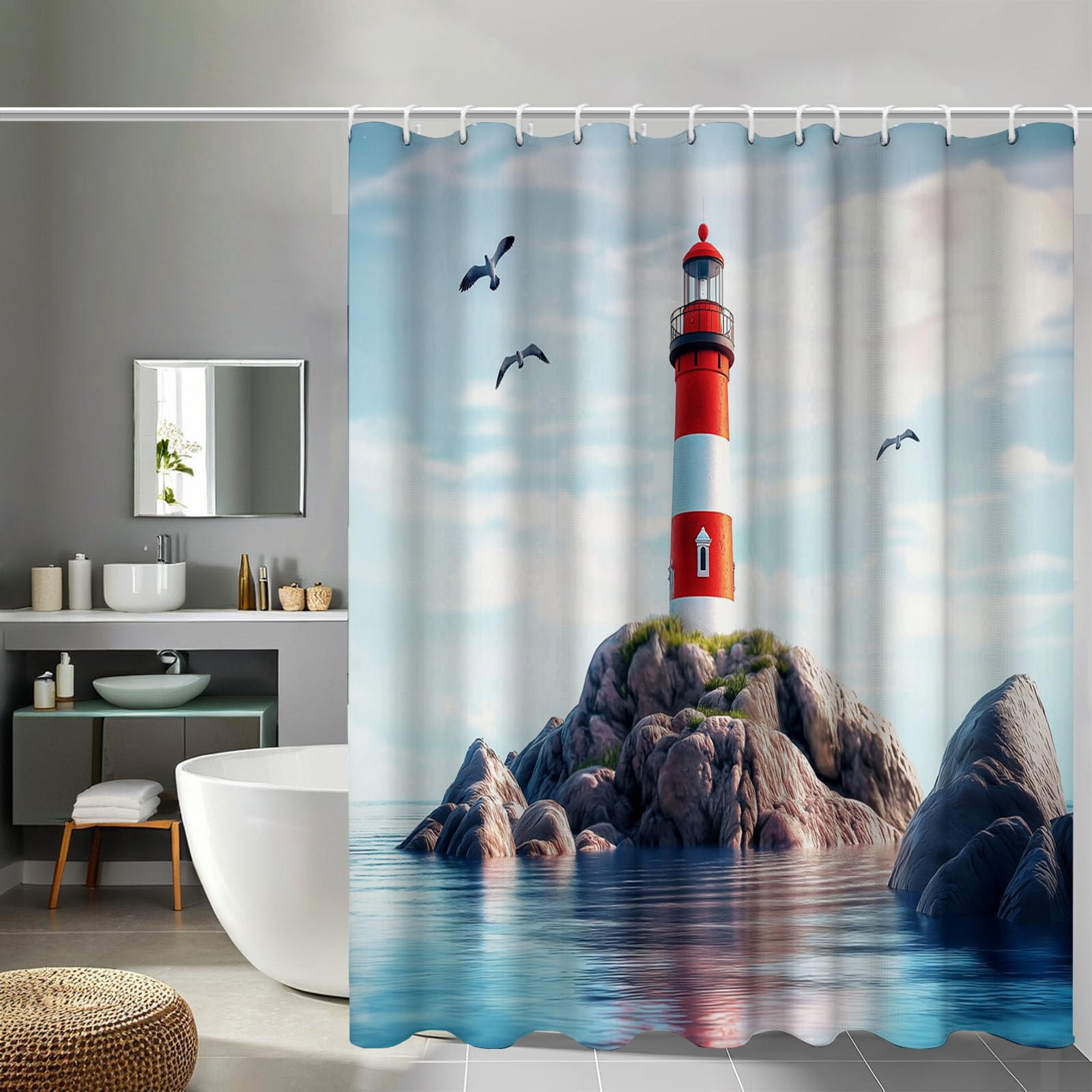 Rideau de douche phare bleu pour créer une ambiance de thalasso à la maison
