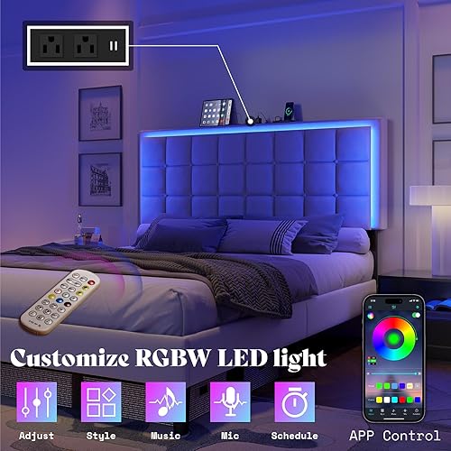 Miniatura 3 de AMERLIFE - Base de cama copetuda, tamaño Queen, con plataforma, tapizado de tela, con luces LED, base de cama tapizada con estación de carga, Gris