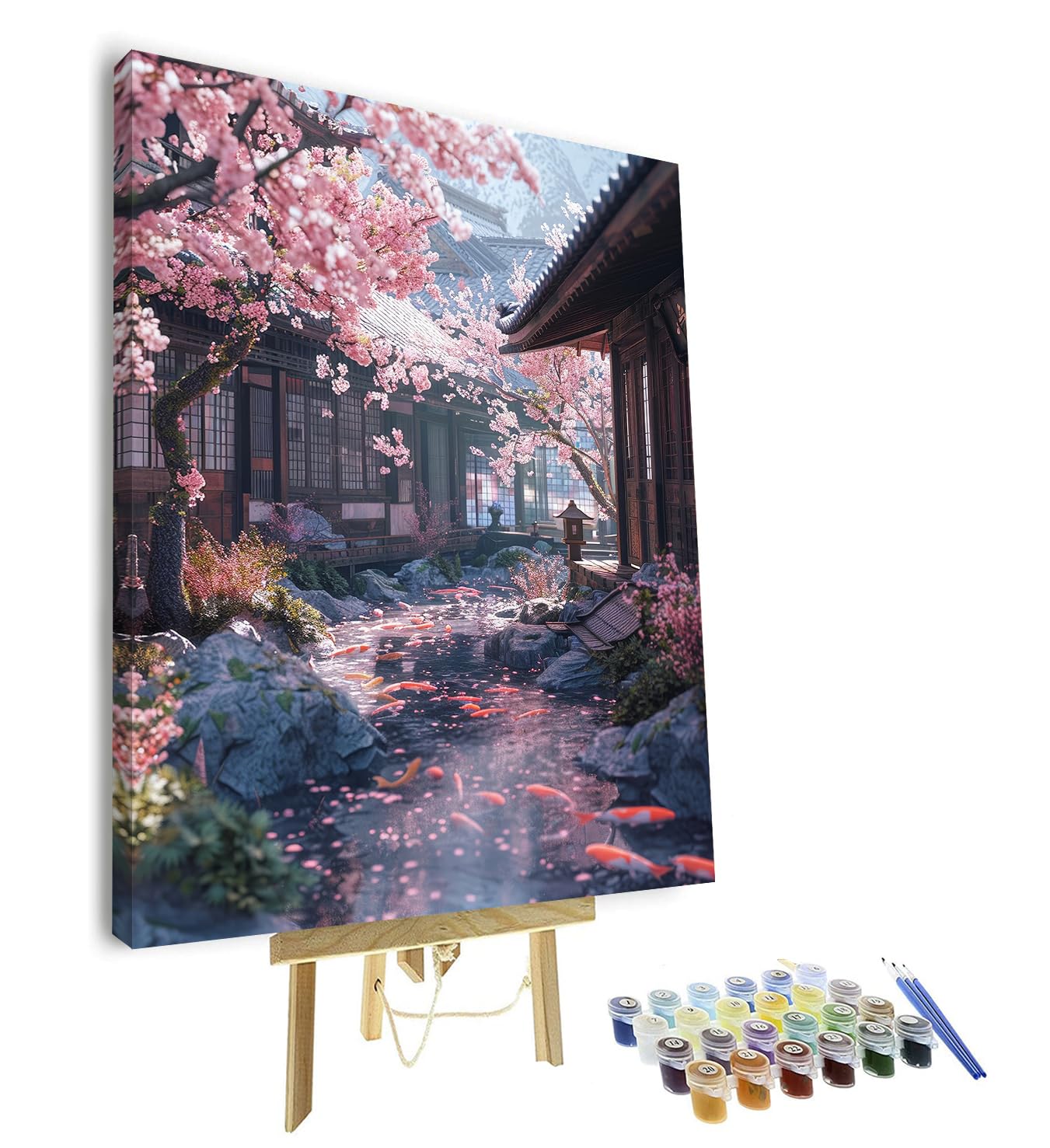 TISHIRON Malen nach Zahlen Erwachsene Kirschblüte, Adult Paint by Numbers Kits Scenery, DIY Acrylmalerei auf Leinwand Fisch, Ölgemälde für Home Wall Decor 40 x 50 cm(mit rahmen)
