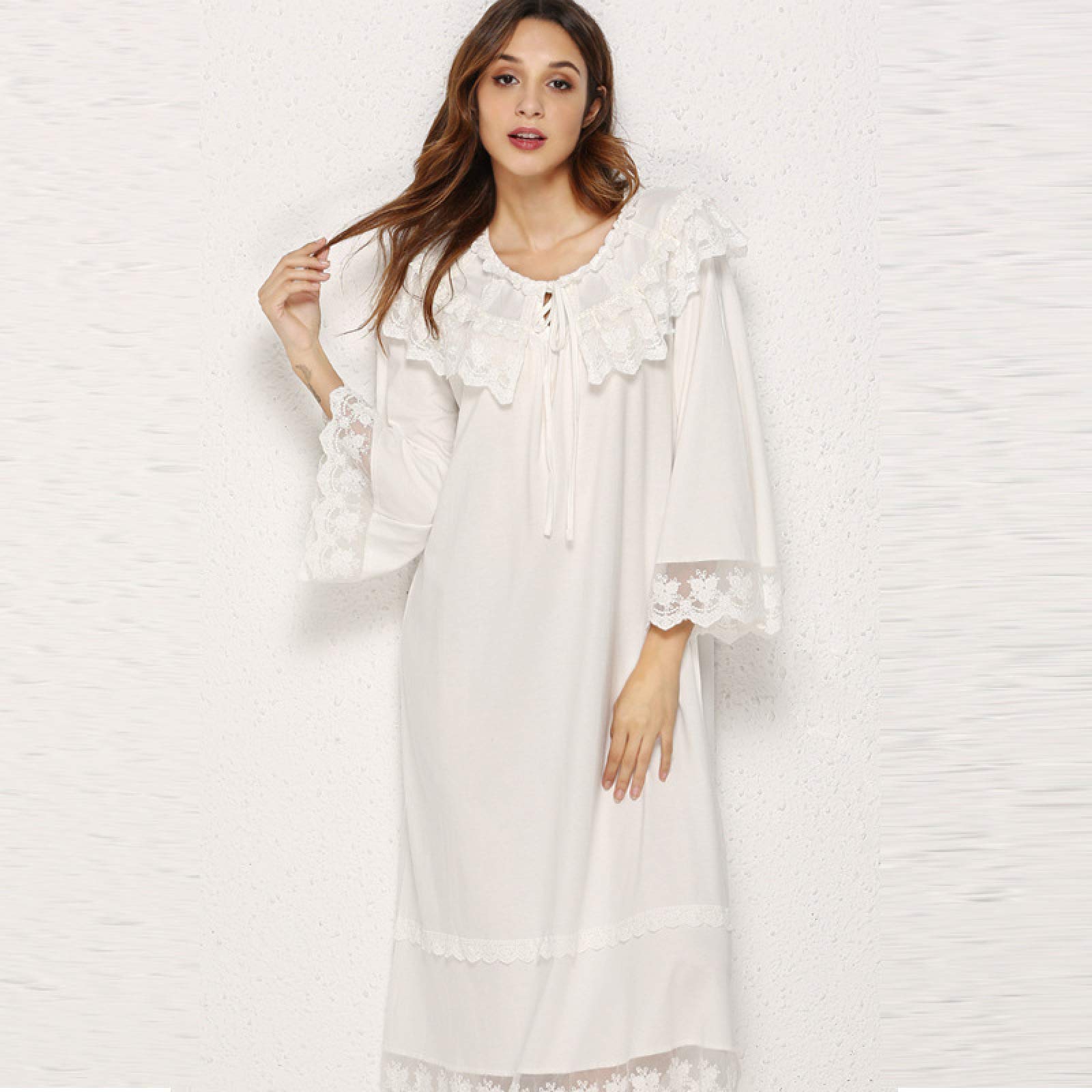 OFFSUM Camisón De Pijama De Mujer - Vestido Clásico De Encaje De Algodón con Cuello Redondo Moda Primavera Verano Camisón Blanco Vintage Bata Ropa De Dormir De Princesa