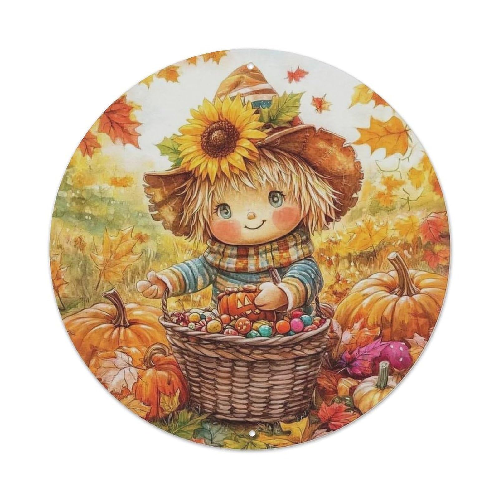Autumn Harvest Scarecrow Pumpkin Basket Metal Tin Sign