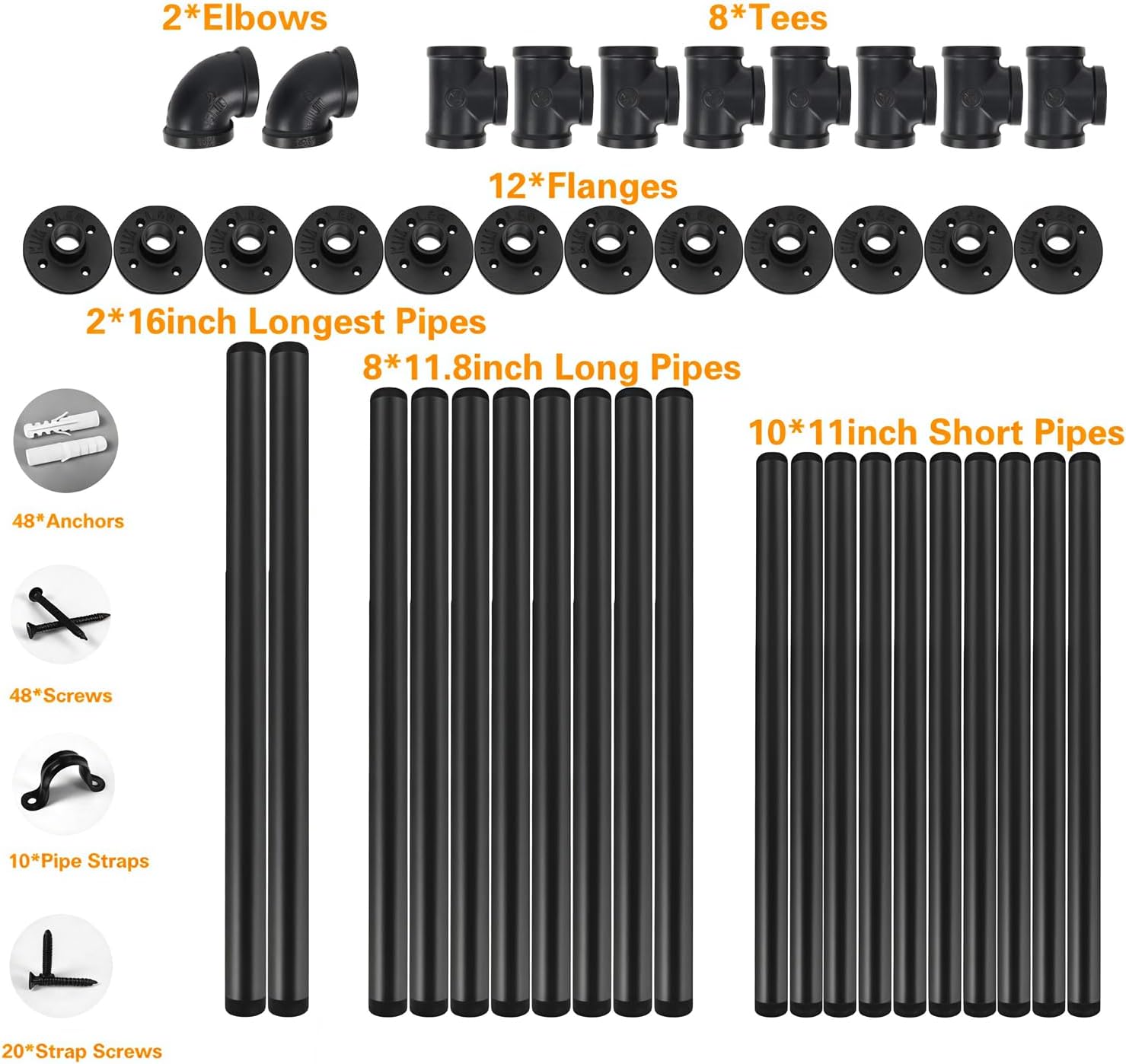 Industrial Wall Mount Iron Pipe Shelf Shelves Shelving Bracket Black Vintage Retro DIY Open Bookshelf Brackets Rustic Farmhouse Kitchen Storage (2 Pcs 5 Tier 68" Tall,10" Deep 3/4" Hardware Only)