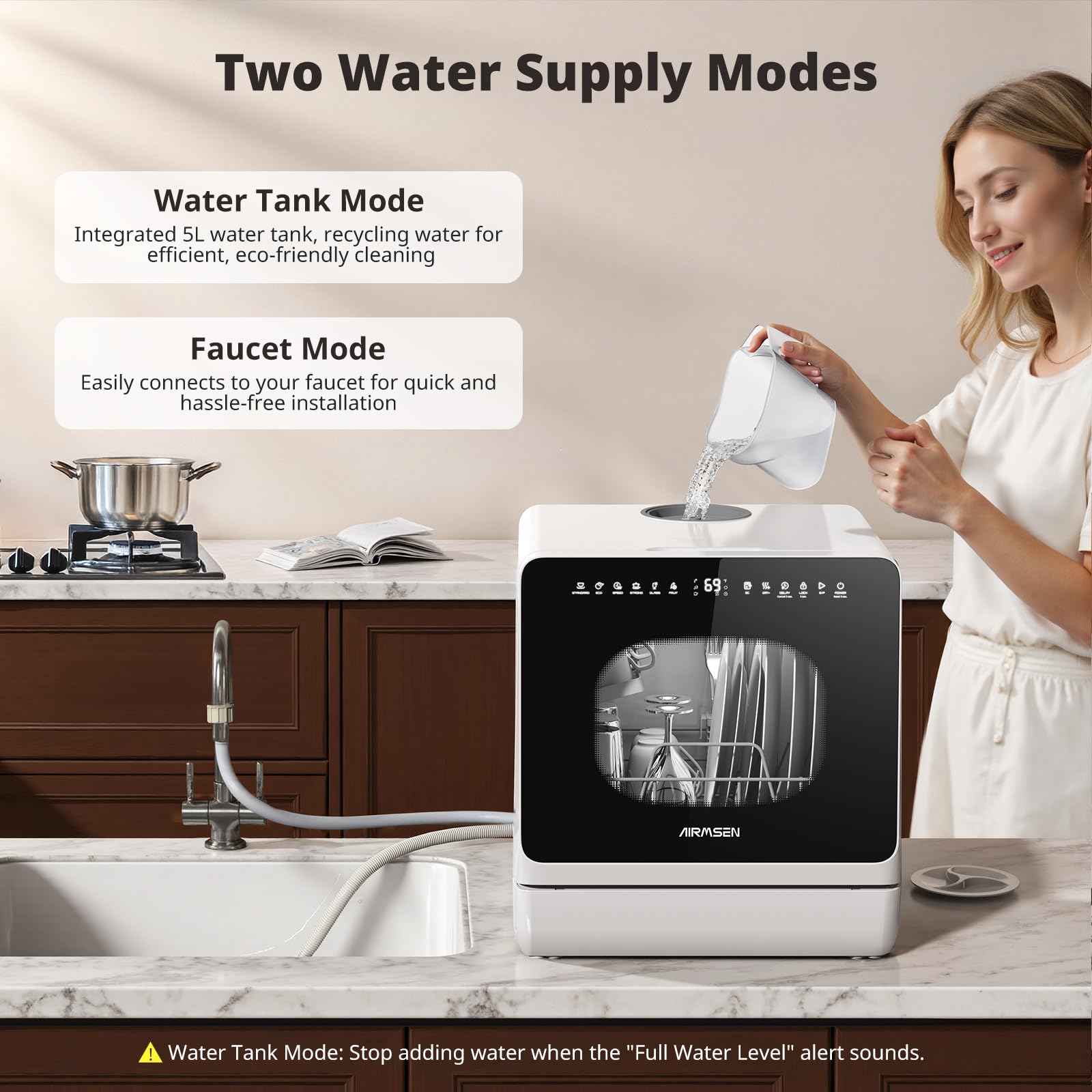 AIRMSEN 2025 NEW Upgraded Table Top Dishwasher, Countertop Dishwasher No Plumbing with Water Softener, 8+3 Wash Programs, 5L Tank, 1–18H Delay Start, Child Lock, 360° Dual Spray Arms — view 3
