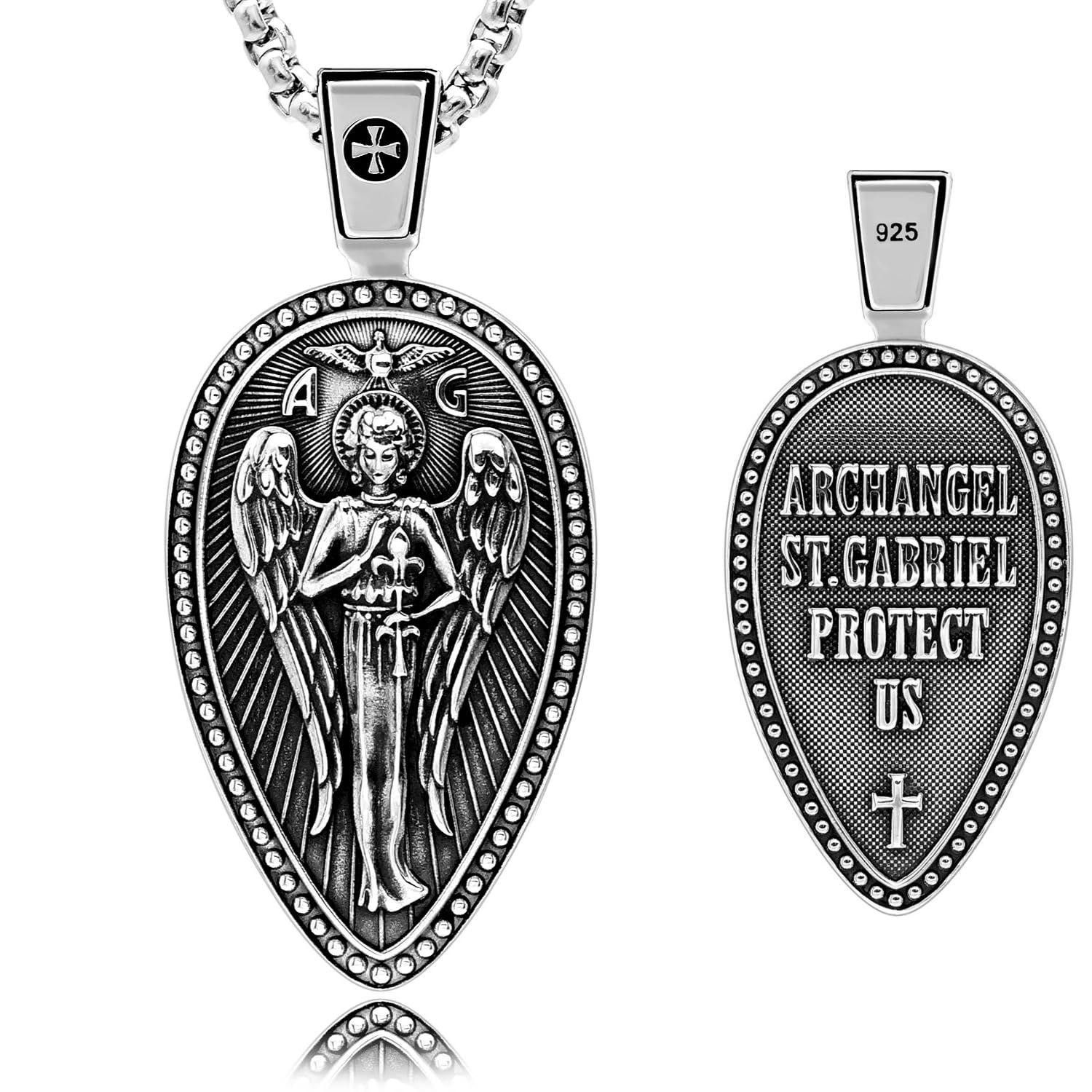 ARCHANGEL ST.GABRIEL PROTECT US PRAYER MEDAL SOLID STERLING SILVER PENDANT NECKLACE