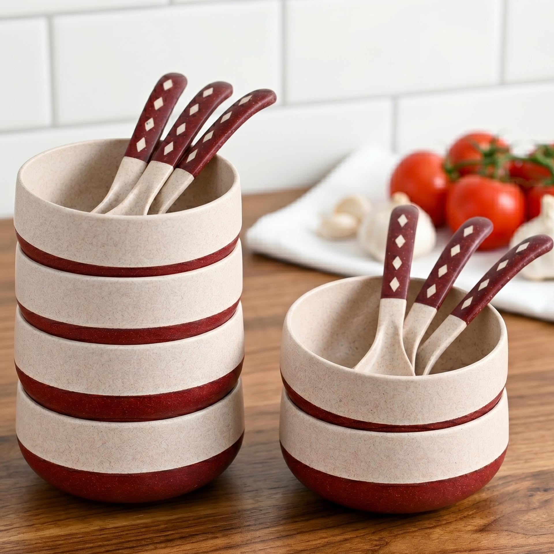 Eha Earth-Friendly Soup Bowls with Spoons Set of 6 | 250 ml | Made with Rice Husk Biocomposite | Microwave Safe Bowl | Serving Bowl Set | Coral