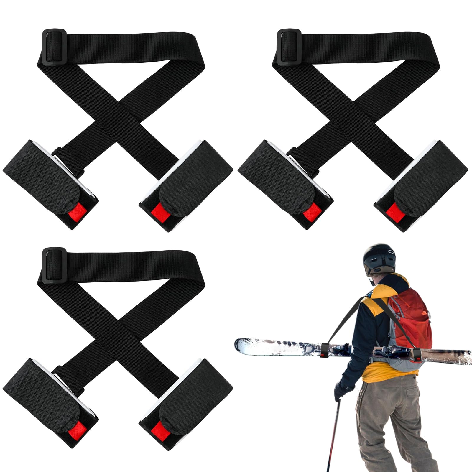Lot de 3 sangles de transport de ski réglables pour skis, bâtons, enfants et adultes