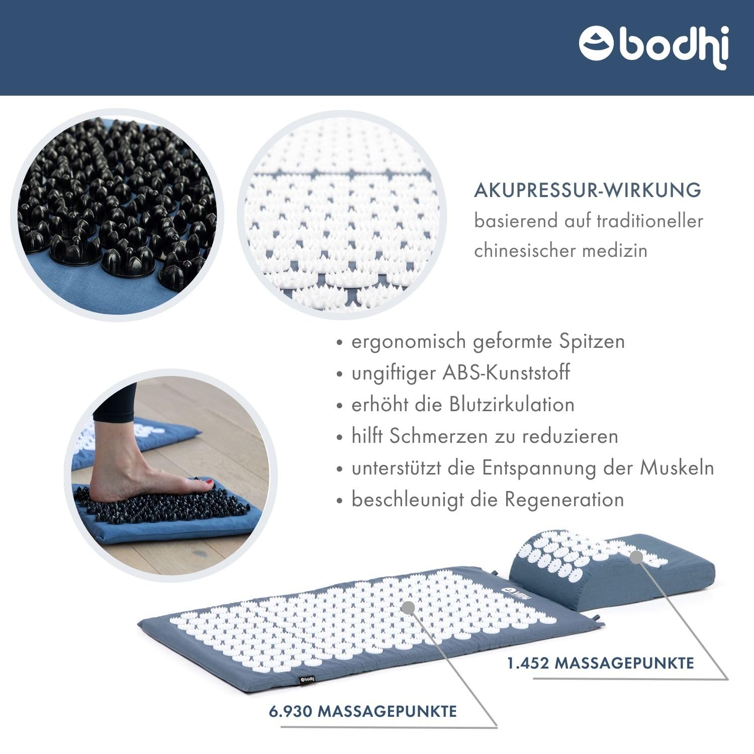 Bodhi Vital, tappetino per agopressione Deluxe, set di tappetini massaggianti in set con cuscino, zerbino e borsa | auto-massaggio per la casa | tappetino per fakir contro collo e mal di schiena | blu