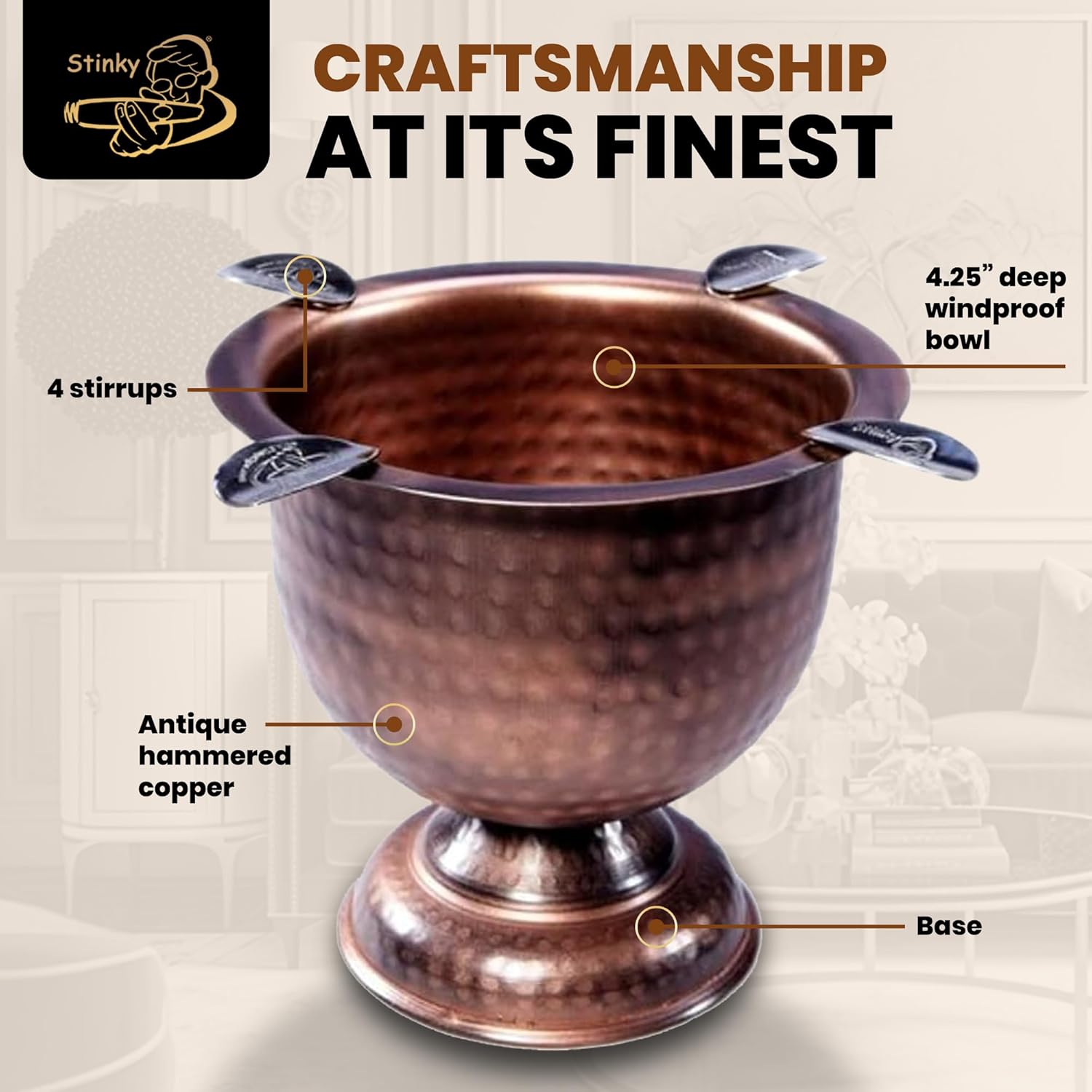 Stinky Cigar Antique Hammered Copper Cigar Ashtray with 4 Stirrups for Indoor & Outdoor Use | Windproof Design with 4.25 inch Deep Bowl for Cigars, Antique Ashtray Cigar Aficionados and Home Decor