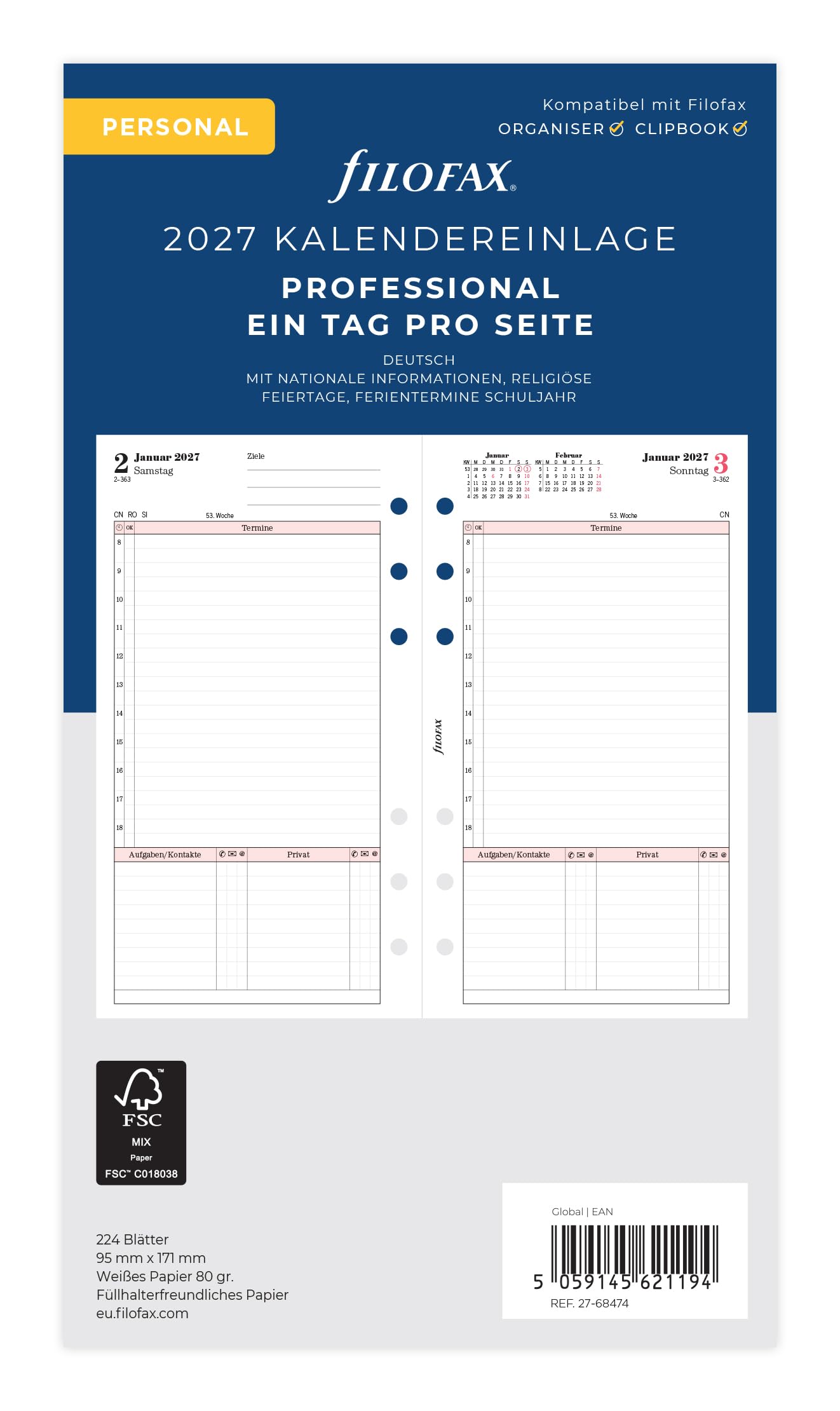 Filofax Personal Professional Calendar Insert 1 Day on 1 Page German 2027