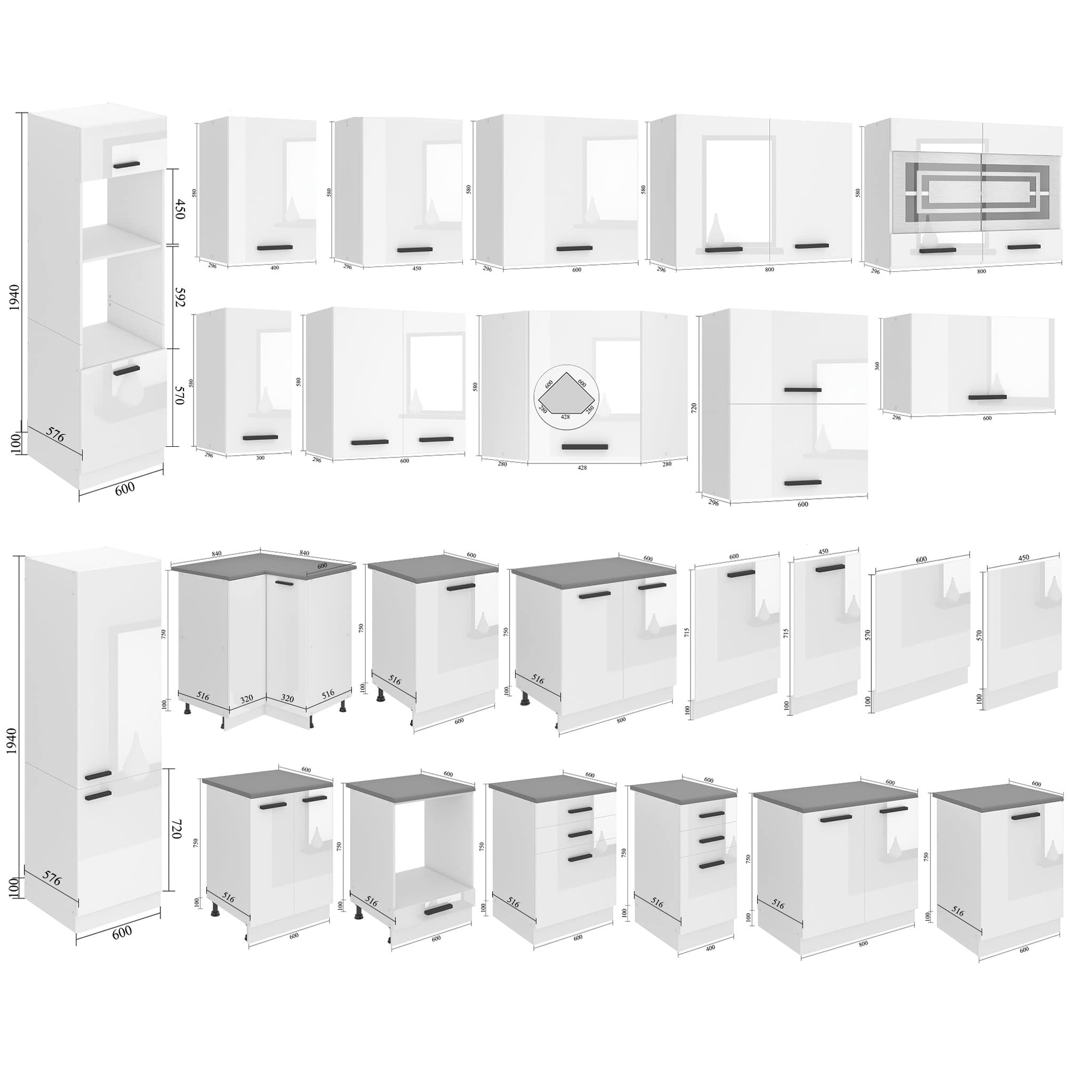 Belini, Rose - Cucina monoblocco, 300 cm, cucina componibile, senza elettrodomestici, con armadietti pensili e mobiletti, senza piani di lavoro, bianco lucido