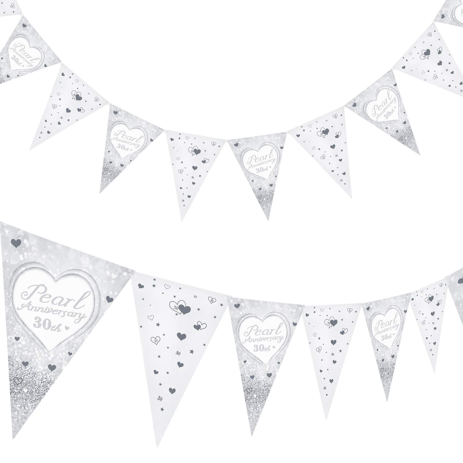 2 Pieces 30th Wedding Anniversary Banner Pearl Wedding Anniversary Decorations Pearl Bunting Flags Heart Themed Silver White Hanging Pennant Banner for Party Decor