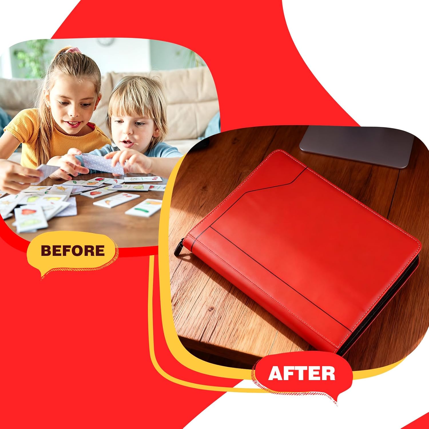 1024 Pockets Premium Trading Card Binder - 16-Pocket PU Leather Zipper Card Album, Ringless Side Loading Binder for Baseball/Football/Sports Cards (Red)