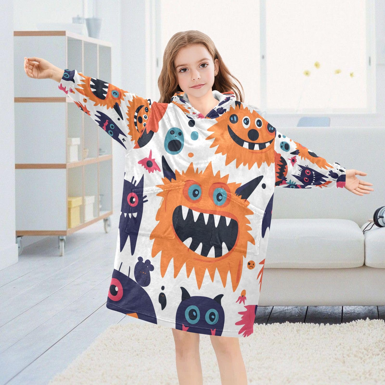 Hezely Wearable Blanket Hoodie for 3-14 Year Old,Comfort Oversized Flannel with Hood Pocket and Sleeves,Funny Monster