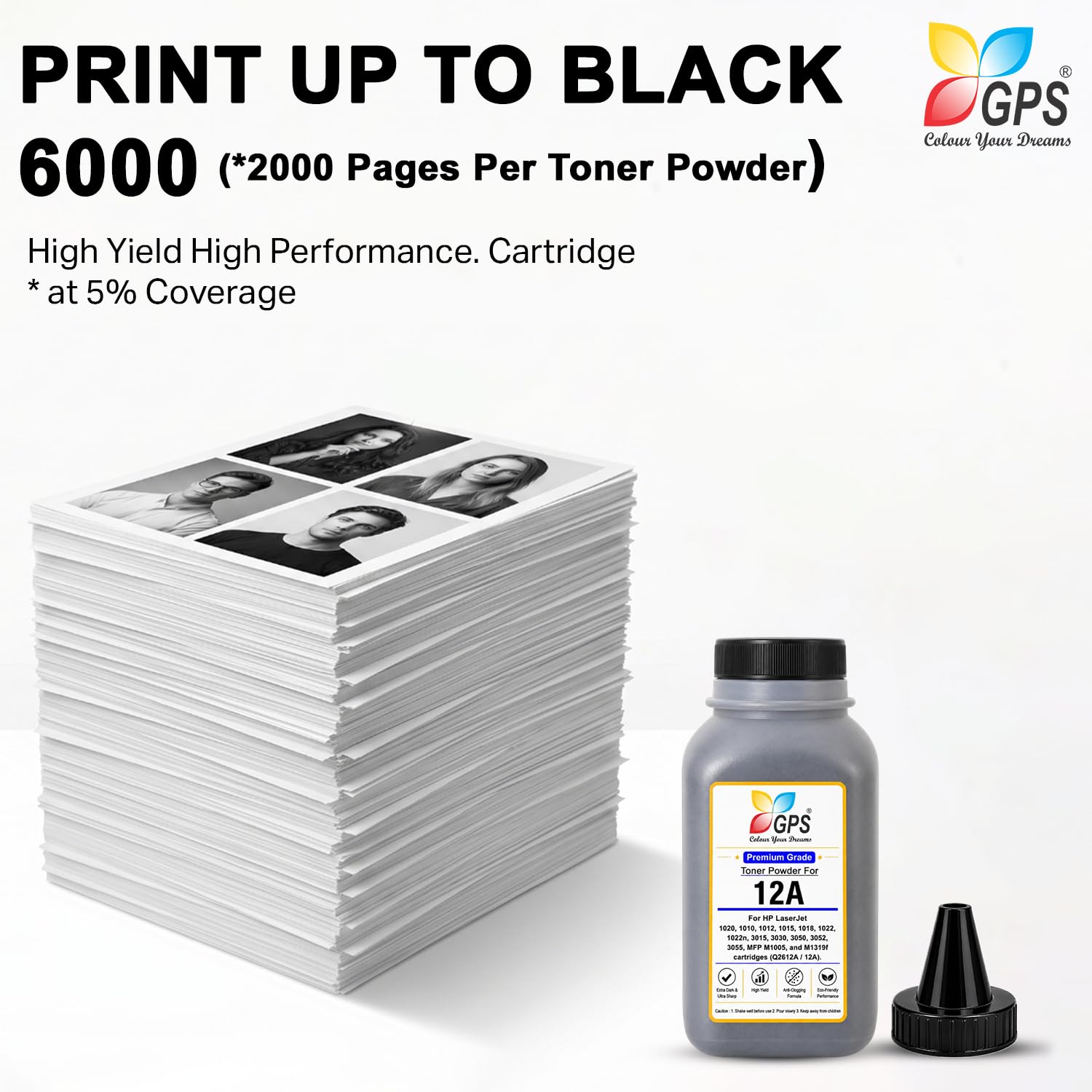 GPS 12A Toner Refill Powder Compatible for HP LaserJet 1020, MFP M1005, 1022, 1018, 1010, M1319f | Q2612A Black | Pack of 3 (100g x 3) | Page Yield: 6,000 Pages Total 2