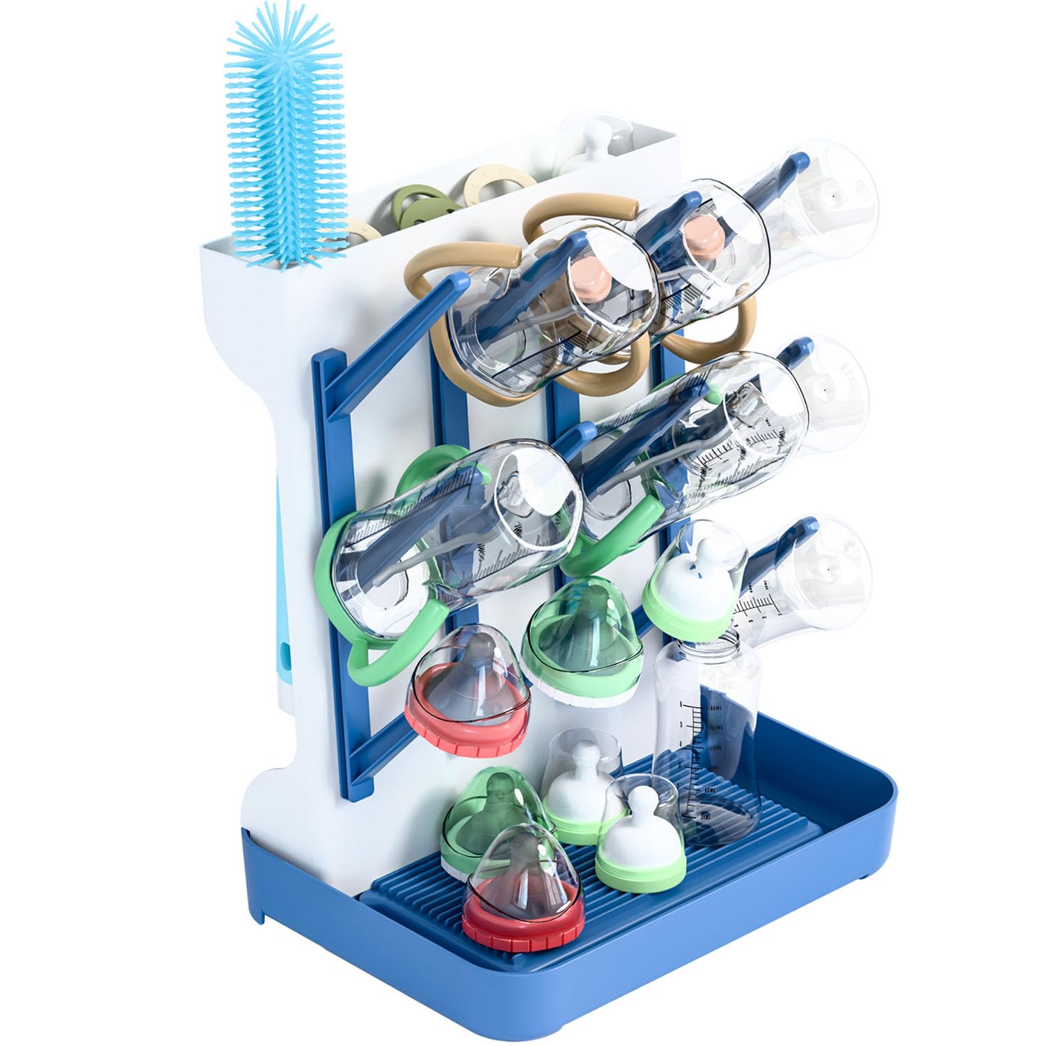 WADY Vertical Baby Bottle Drying Rack with Drain Tray Space Saving Bottle Storage Organizer for Breastfeeding Essentials Holds 8+ Bottles Pump Parts Food-Grade PP Material Quick Air Dry Design (Blue)
