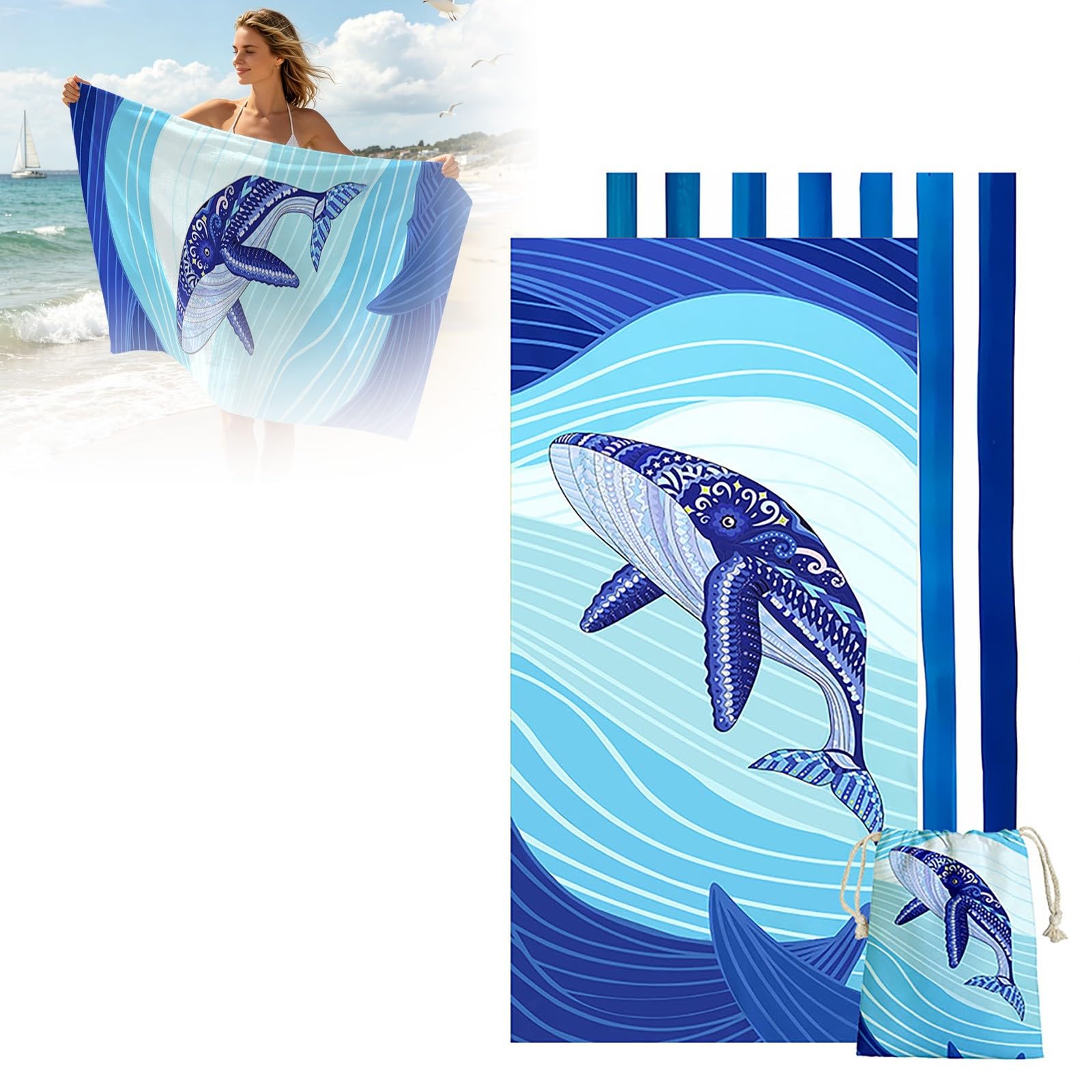 Serviette de plage 2 en 1 convertible en microfibre à séchage rapide avec poches pour camping, gym, piscine, résistant au sable, grand sac de voyage portable