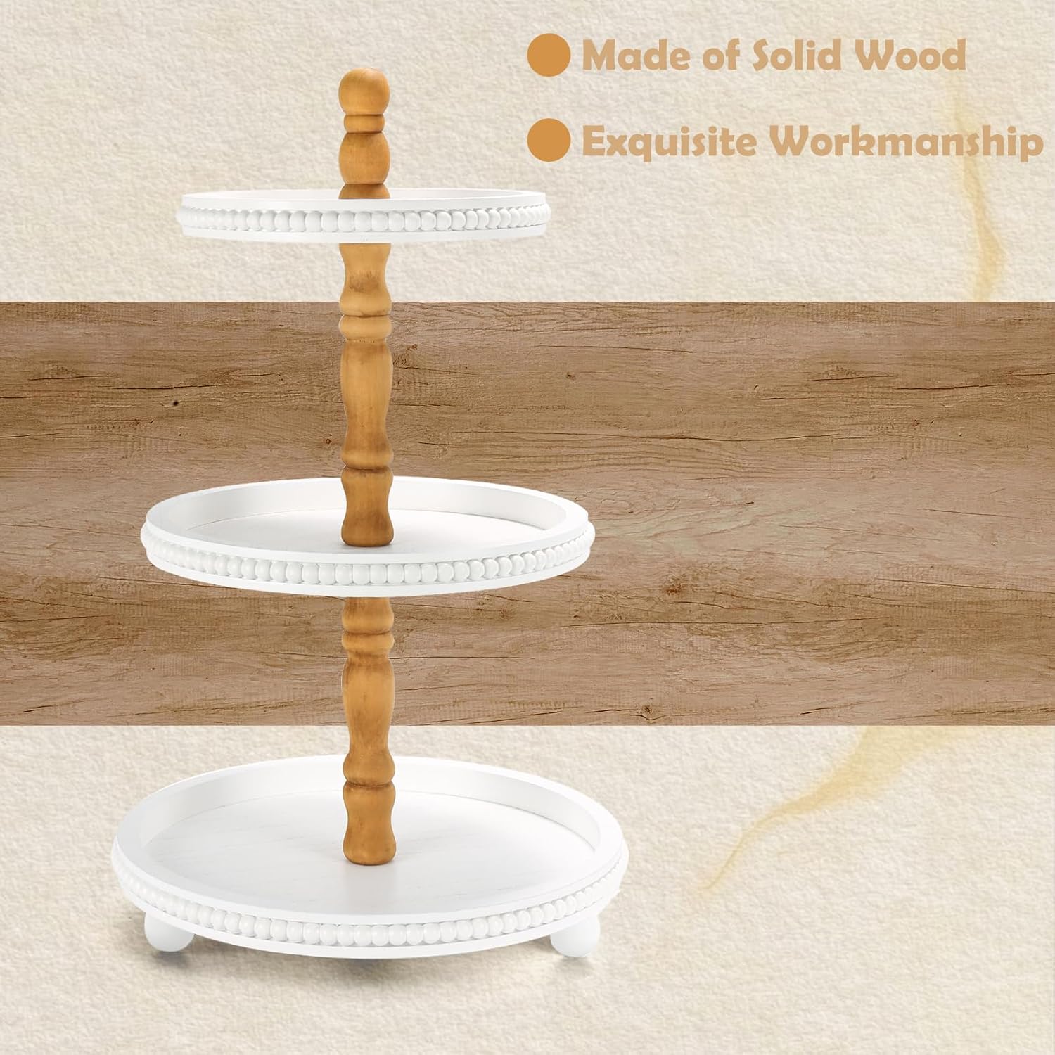 Wooden 3 Tiered Tray Stand, Farmhouse Round White 3 tier Decorative Tray for Home Kitchen Table Decor, Serving Tray for Coffee Bar Party Weddding Holiday Decorations Fruits and Cupcake Display