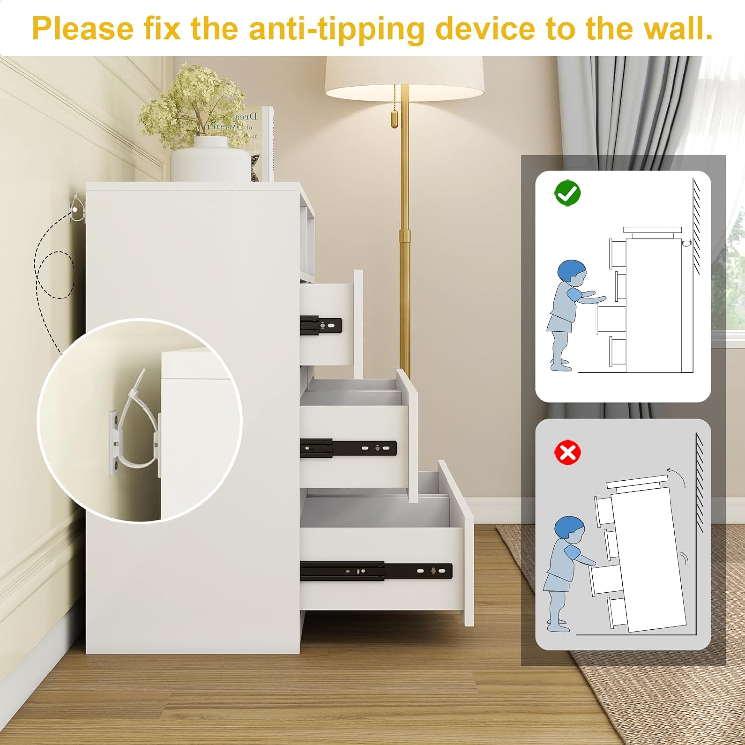 Vipbear White Dresser 6 Drawer for Bedroom with LED Light Modern Double Wide Chest of Deep Drawers with Power Outlet Storage Cabinet Dressers Organizer with Open Shelf for Living Room