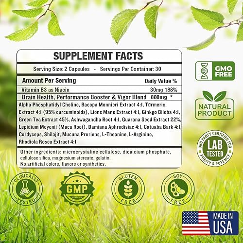 Miniatura 4 de Suplementos cerebrales para la memoria y la concentración - Salud cerebral nootrópica - Rendimiento cognitivo, claridad, energía, vigor mental,