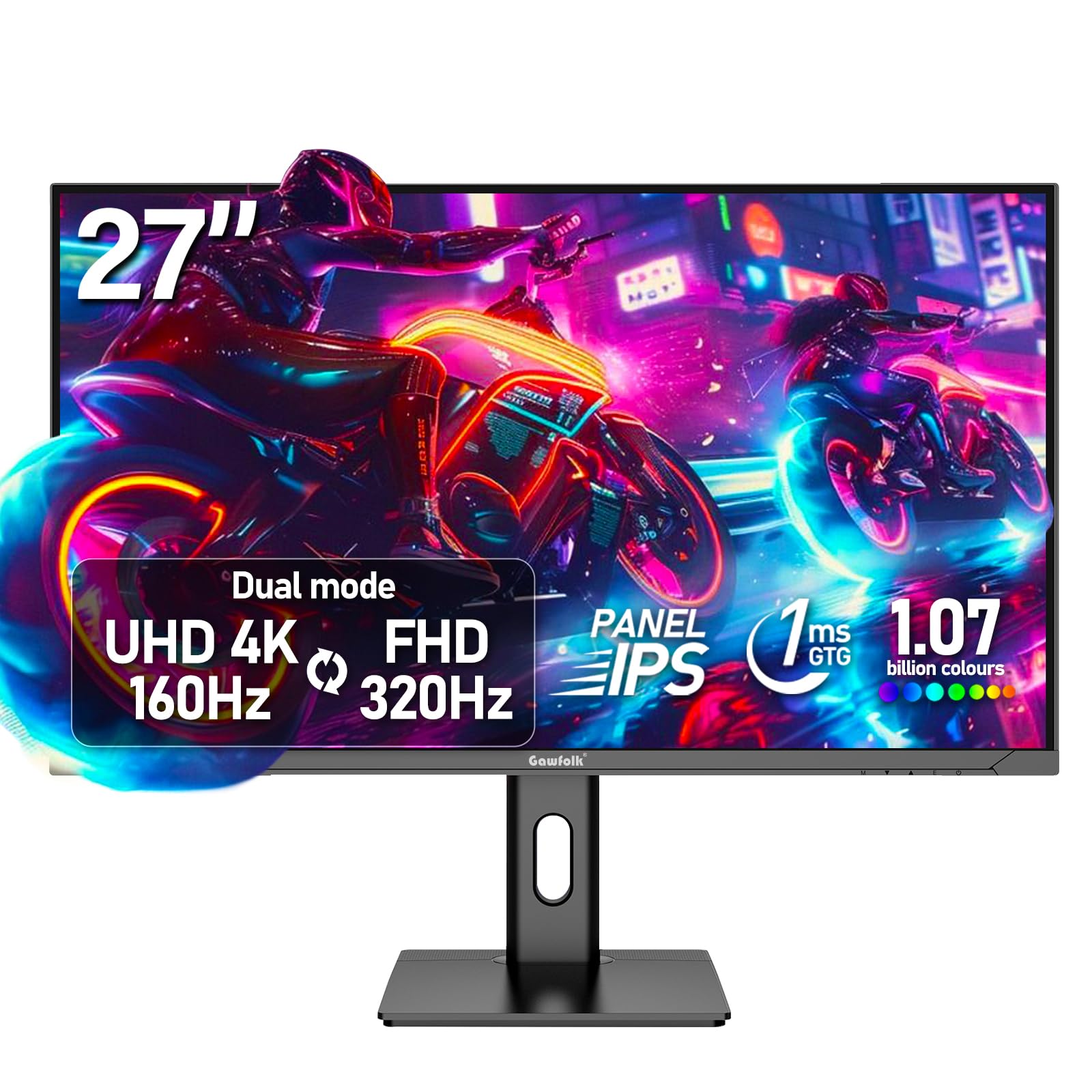 Gawfolk 27 Zoll 4K Gaming Monitor, UHD 160Hz/ FHD 320Hz Dual-Mode PC Monitor, IPS Computerbildschirm für Zuhause und Büro, Integrierte Lautsprecher, Pip/PBP, FreeSync, HDMI 2.1 & DP 1.4, VESA 75x75mm