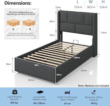 Brinlawb 3ft Ottoman Single Bed Frame with Hydraulic Lift-Up Storage, Upholstered Bed Frame Single with Height-Adjustable Headboard & Charging Station, Ample Under-Bed Storage Space, 90x190 cm, Grey