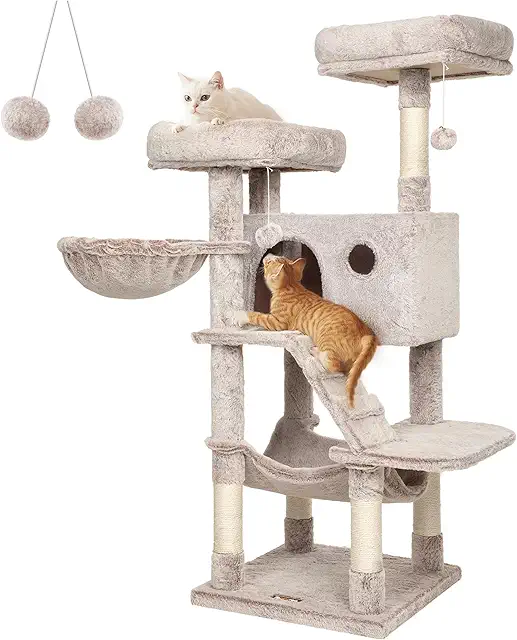 Feandrea Large Cat Scratching Post with Hammock and Cave - Krabpaal met Mand