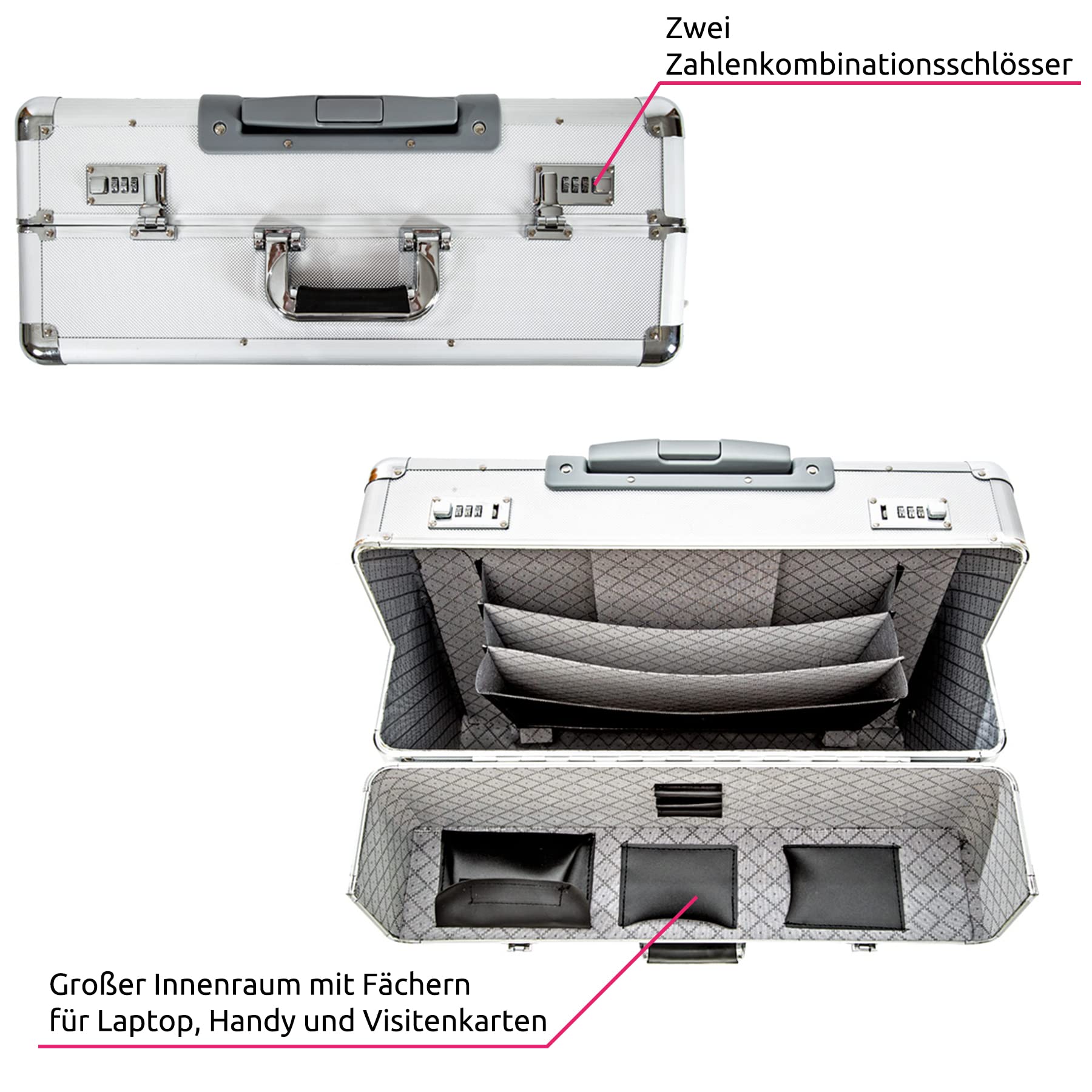 tectake 401232 XL Pilotenkoffer, Zwei Zahlenkombinationsschlösser, mit Rollen, Totalmaße 55x49x22cm, Silber