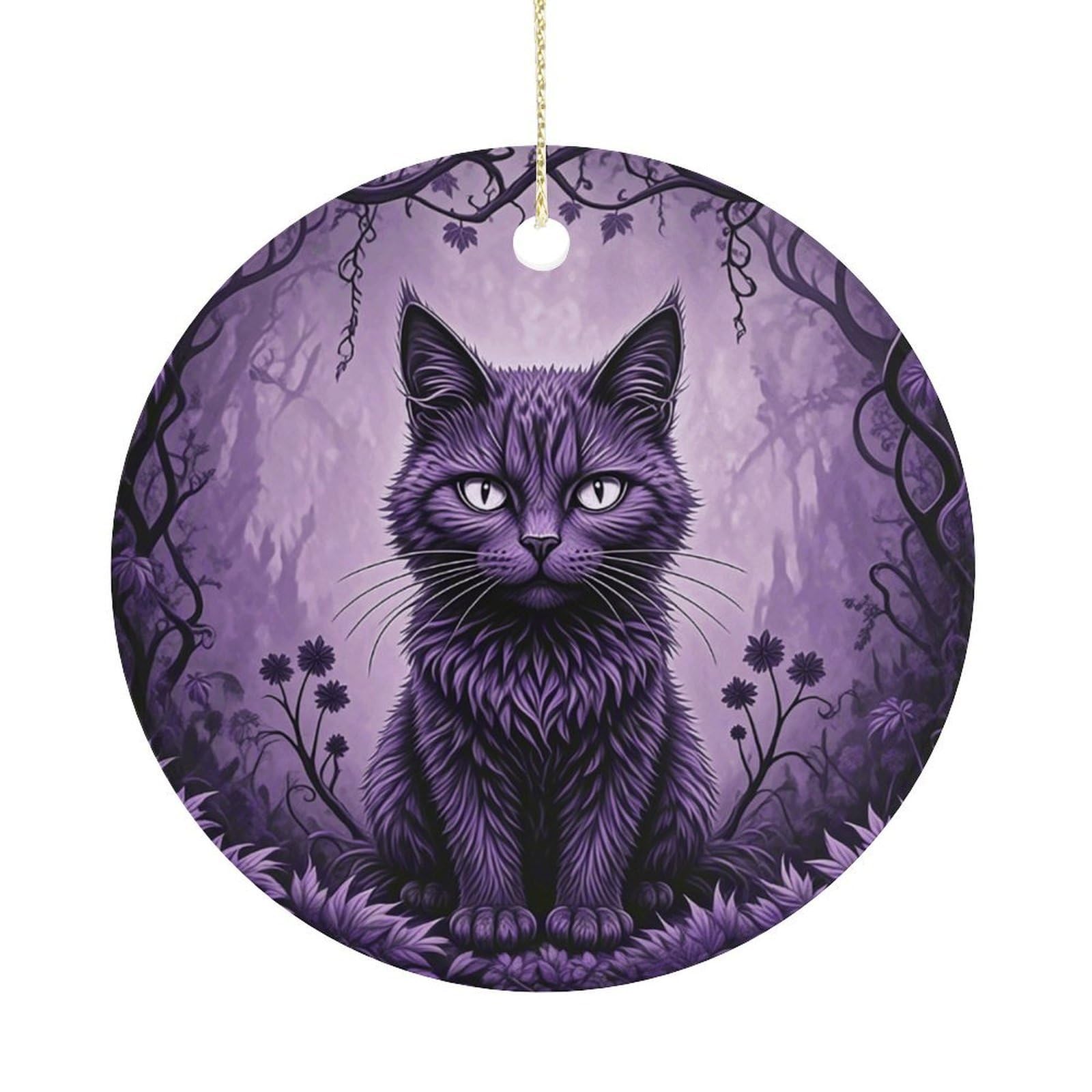 Personalized Christmas Ornaments 2025 Ceramic Hanging Purple Gothic Cat Ornaments with Gold String Double-Sided Vintage Holiday Decorations for Tree Mantel Tabletop Xmas Party Favors