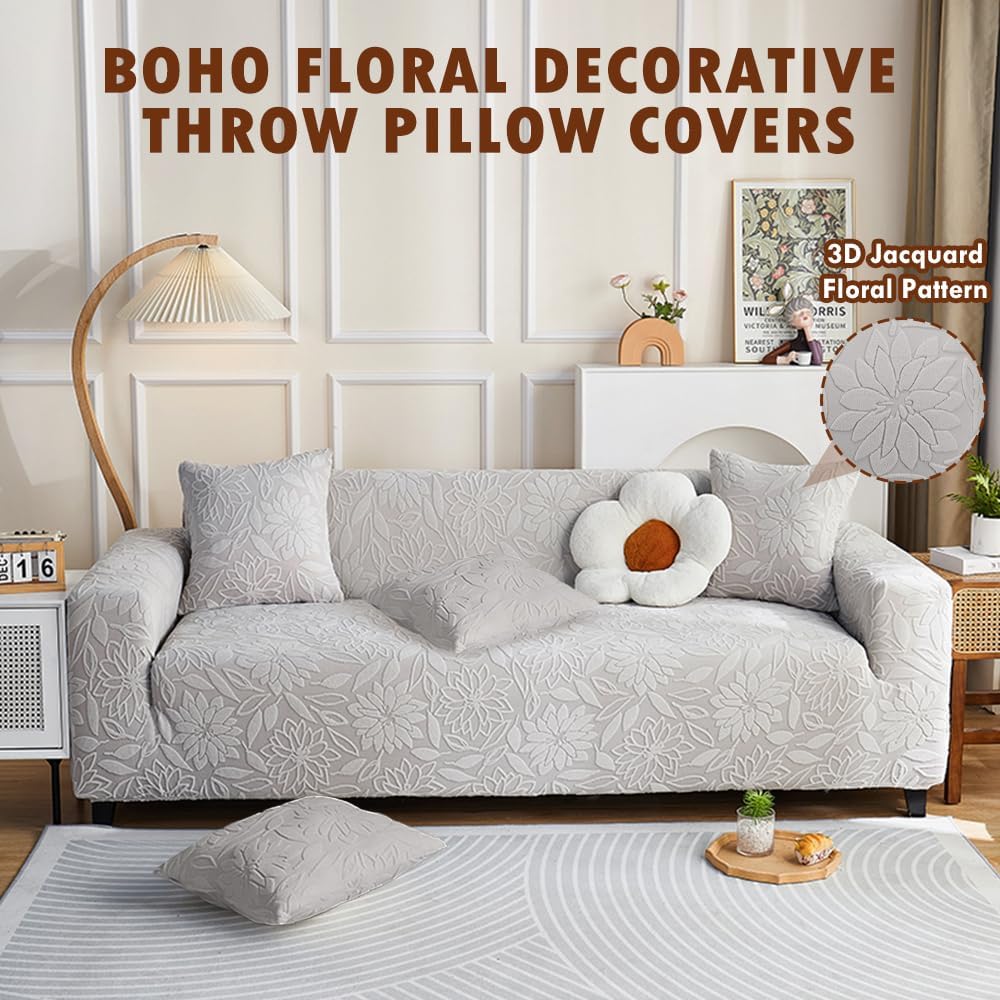 Light Grey Throw Pillow Covers 18x18 Set of 4, Boho Double-Sided 3D Floral Couch Decorative Pillow Covers Soft Plush Farmhouse Pillowcase Cushion Case for Home Decor(Light Grey,Pack of 4)