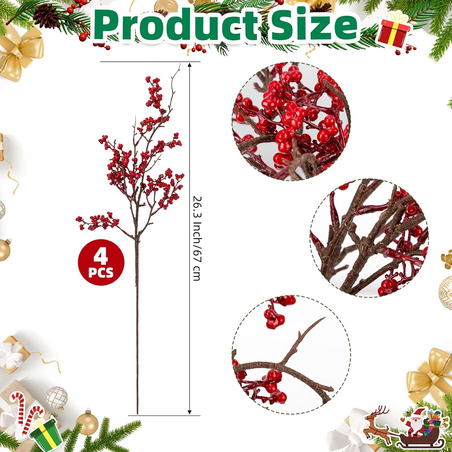4 PCS 26.3 Inch Artificial Red Berry Stems Faux Holly Berries Branches Long Stem for Halloween Thanksgiving Day Wedding Christmas Tree Wreath Festival Holiday Home Decor(Red)