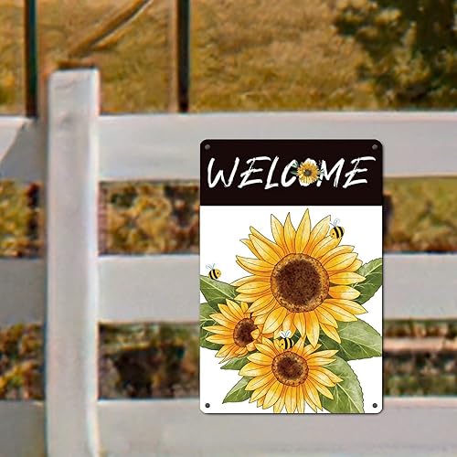 Miniatura 7 de Gnome Girl - Placa de estaño de bienvenida con diseño de grano de madera, letrero de metal de bienvenida, decoración de verano, decoración de pared