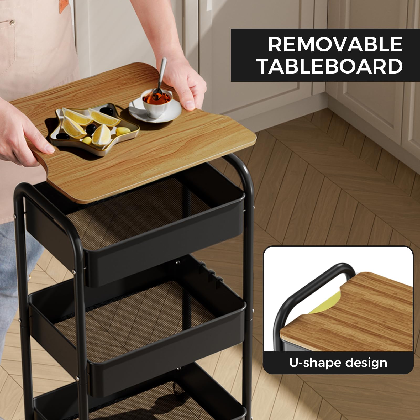 Aoibox 3 Tier Rolling Utility Cart With Removable Drawer 2 Lockable Wheels 2 Cups 4 Hooks For Bathroom Kitchen Craft Makeup Storage
