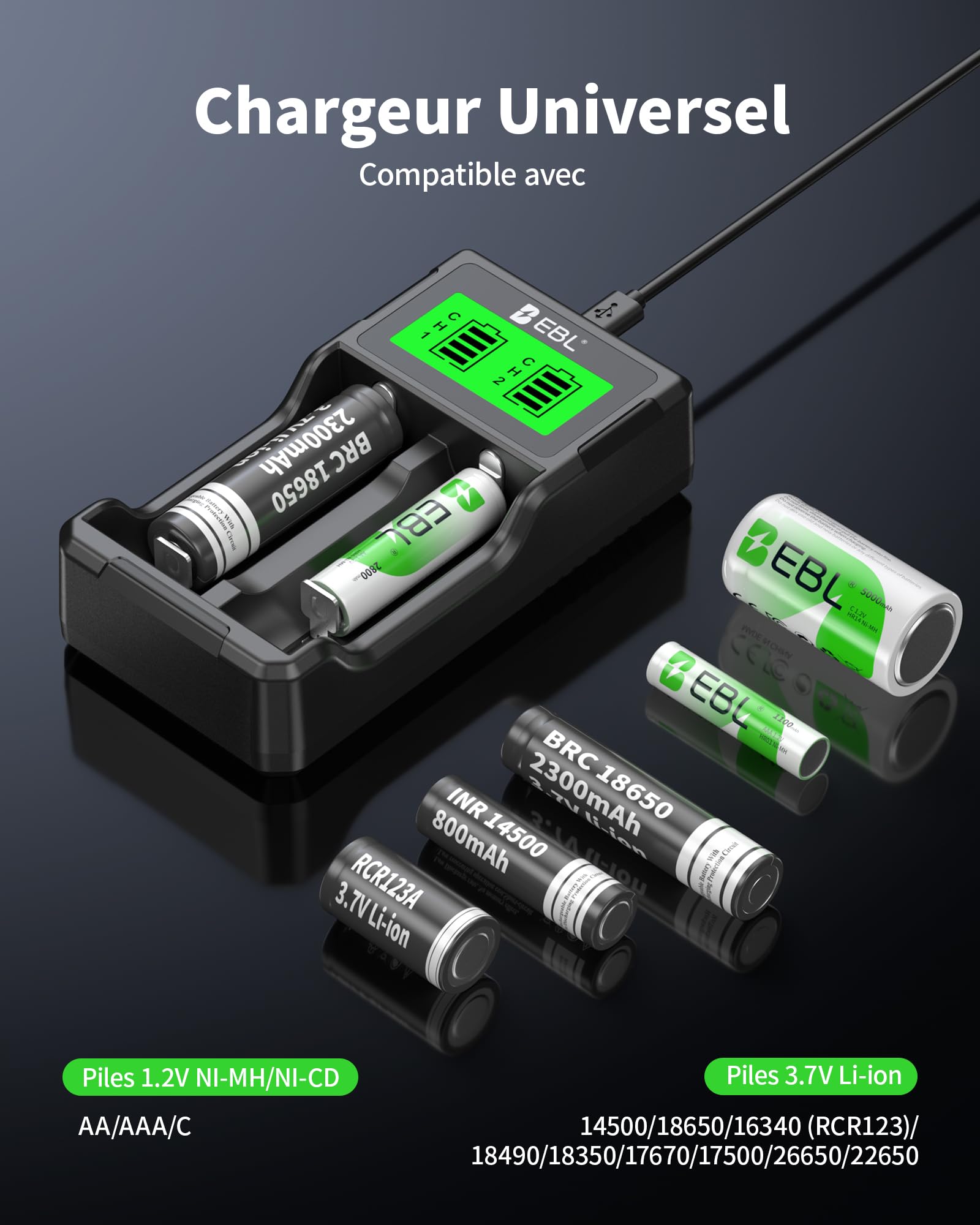 EBL Chargeur de Piles Universel 18650, pour Piles Rechargeables 3.7V Lithium-ION 26650 22650 18650 18490 18350 17670 17500 16340 (RCR123) 14500, et 1.2V Ni-MH Ni-CD AA AAA etc.