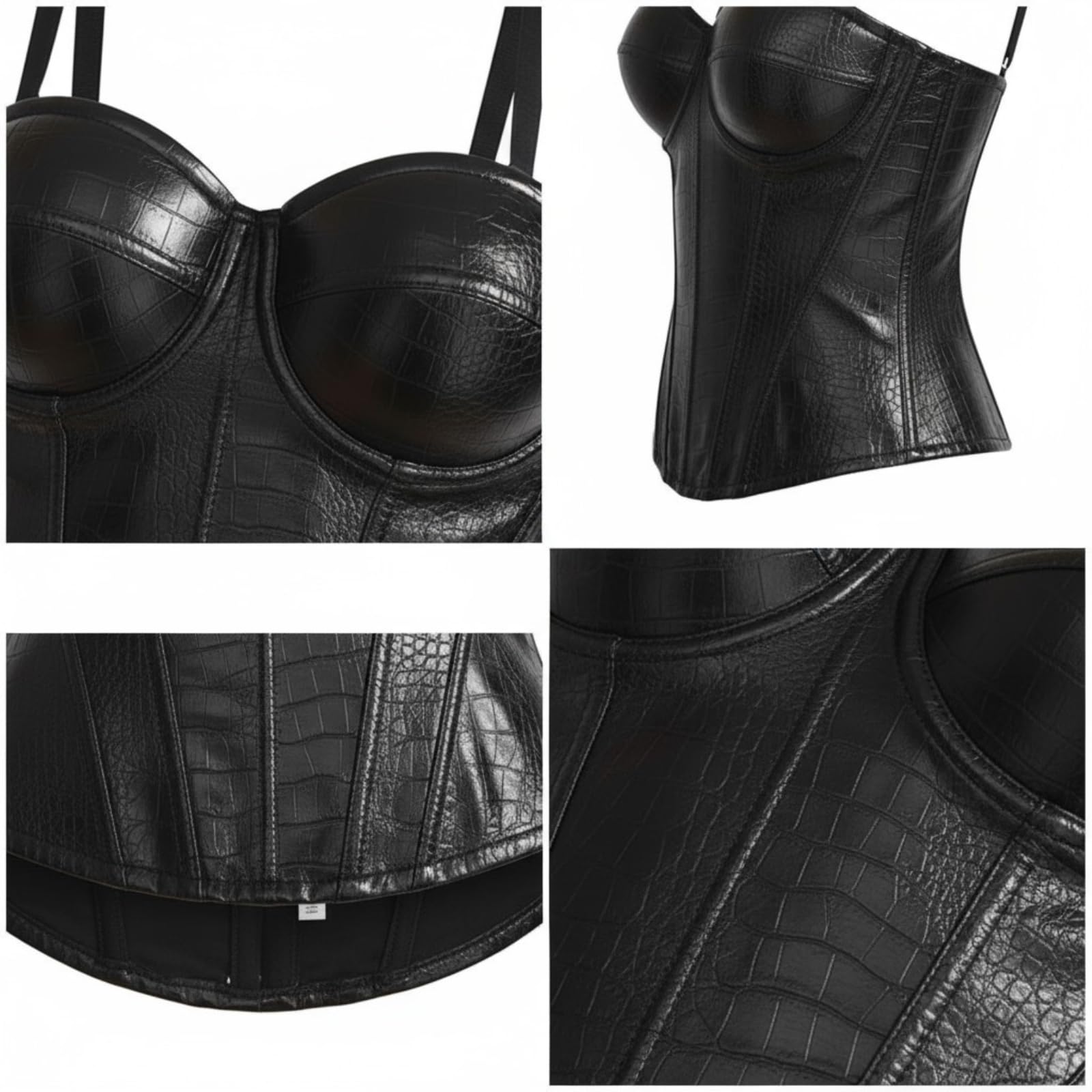 JCVBN - Corsetto da donna in poliuretano con stampa a coccodrillo, senza spalline, con lacci, con lacci, supporto per il sollevamento, senza spalline, nero, non elasticizzato