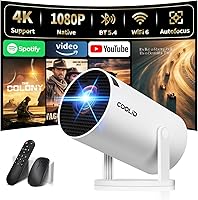 Coolid C2 Mini Projector: 4K 1080P Support, WiFi 6, Bluetooth 5.4, Auto Keystone, 180° Rotatable, Built-in Apps & Air Remote - White