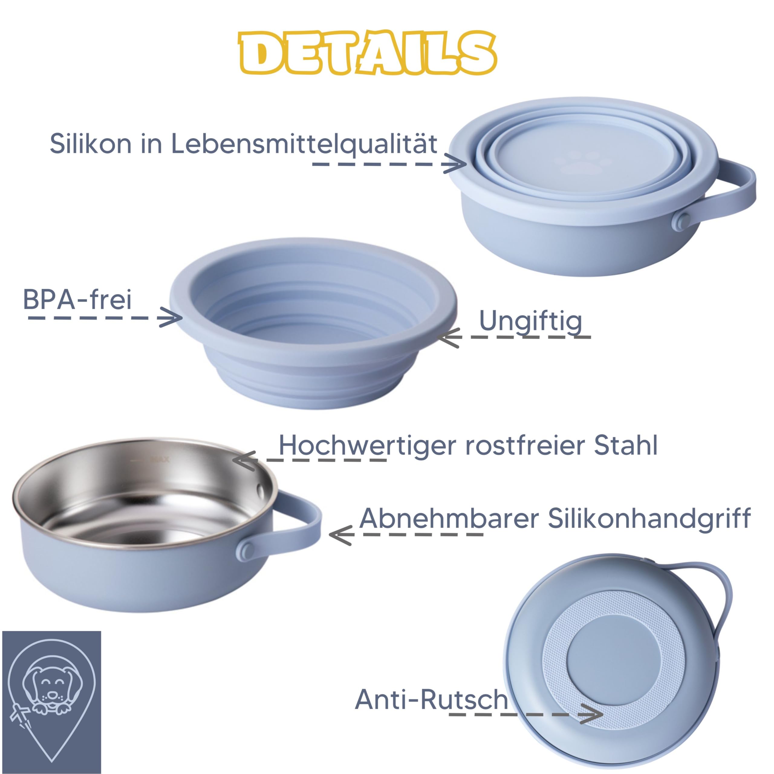 KPET® 2-in-1 Hundenapf Faltbar Für Unterwegs, Futternapf Hund Ideal Für den Alltag, Trinknapf Für den Hund - Reisenapf 900ml, Hundenäpfe Faltbare Reiseschale Edelstahl, Silikon, rutschfest