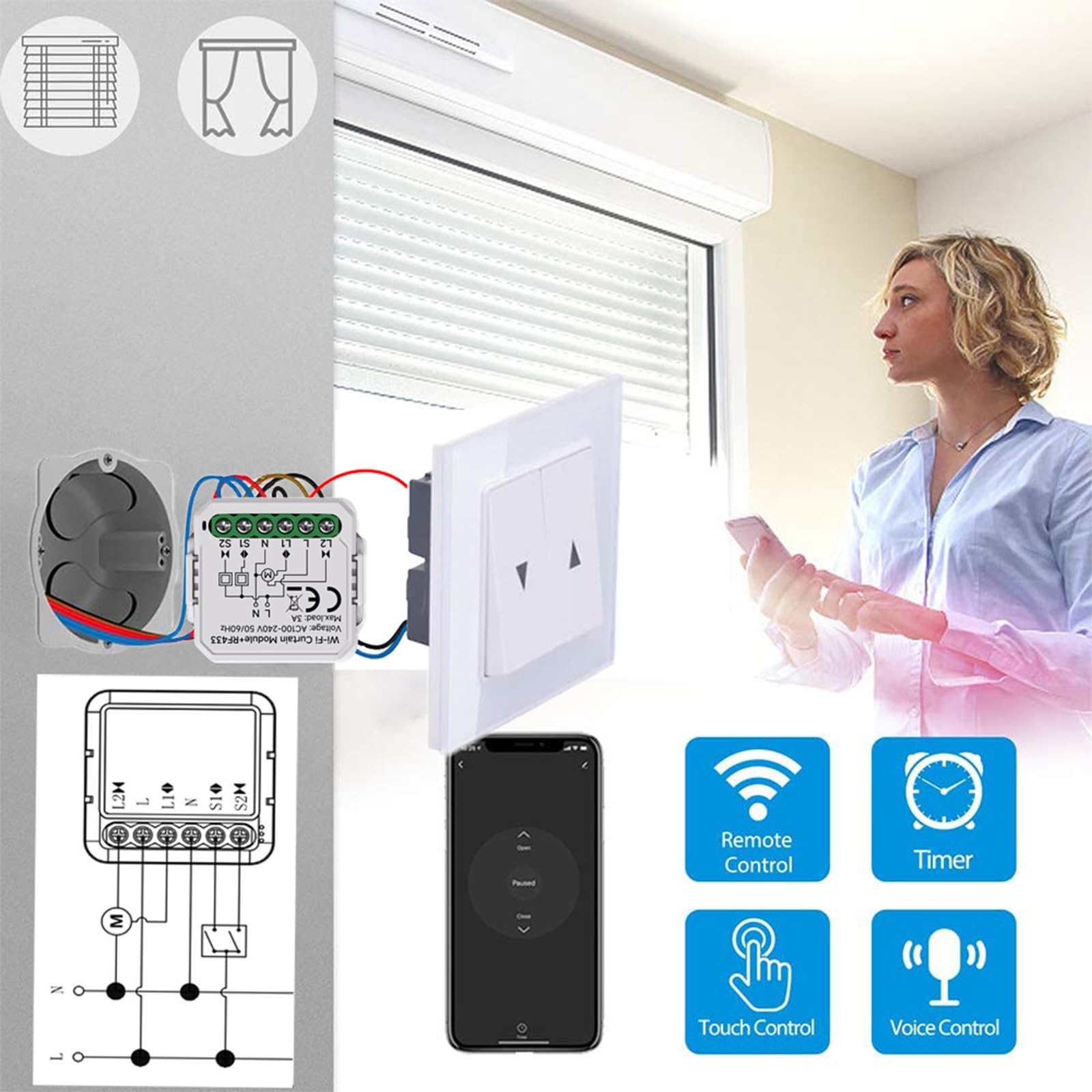 2 unidades de módulo de interruptor inteligente RF WIFI para persianas con control remoto RF de 433 MHz, adecuado para persianas, cortinas enrollables, toldos. Compatible con Alexa/Google Home