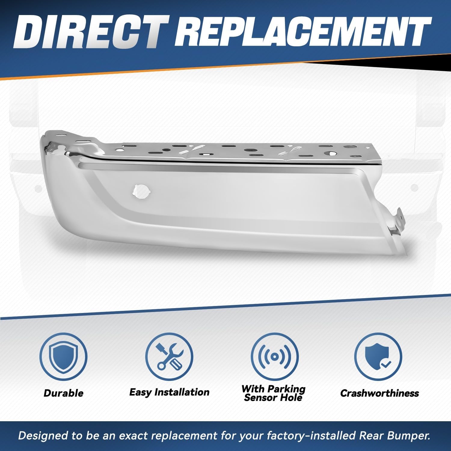 Auto Dynasty Rear Bumper End Cap Compatible with 2021 2022 2023 2024 Ford F-150, Driver Left Side Bumper End Replacement with Park Sensor Hole, FO1102400, Smooth Chrome Steel